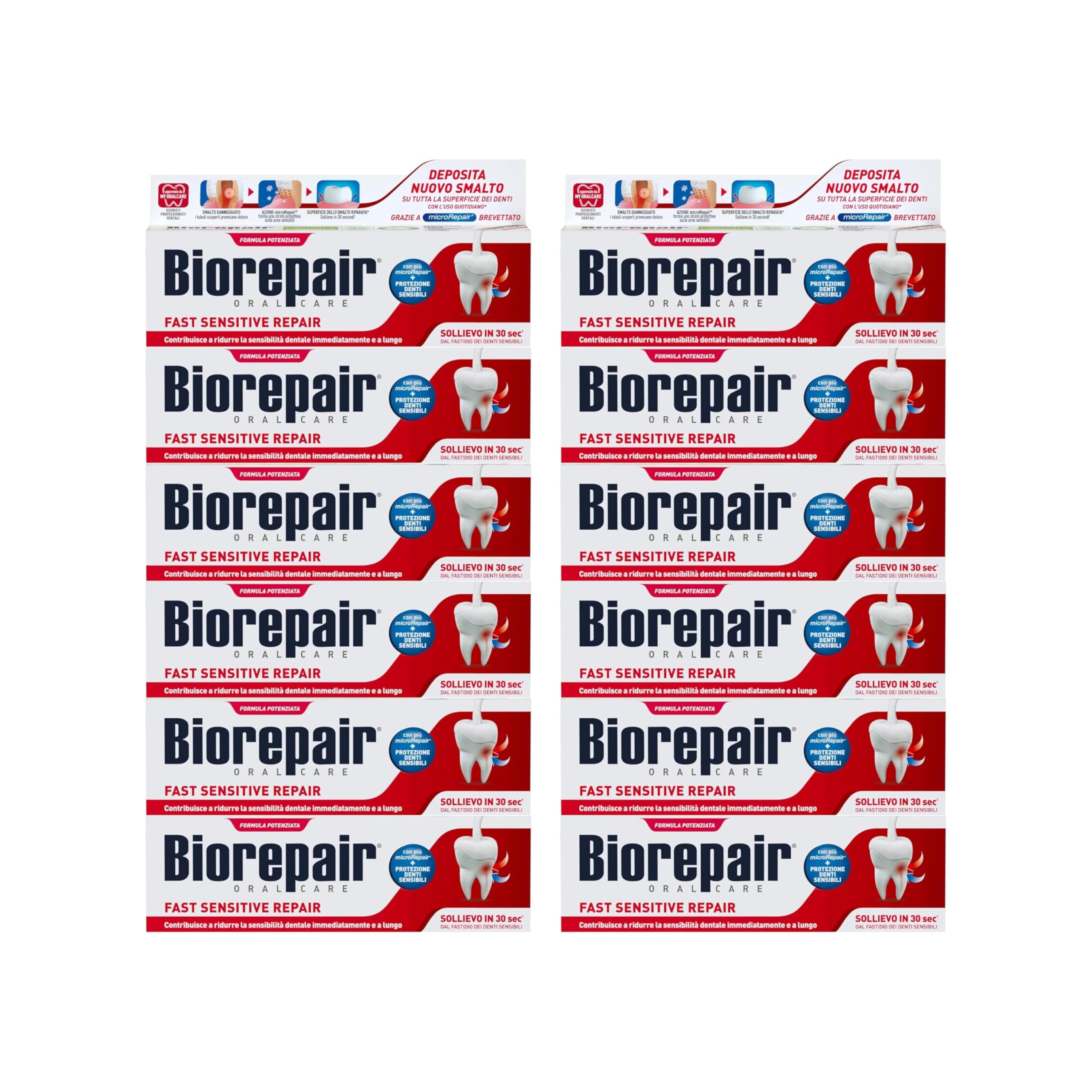 Biorepair, Dentifricio Fast Sensitive Repair, Protezione Denti Sensibili, Dona Sollievo dal Dolore in 30 Secondi, Senza Fluoro e Parabeni, 12x75ml