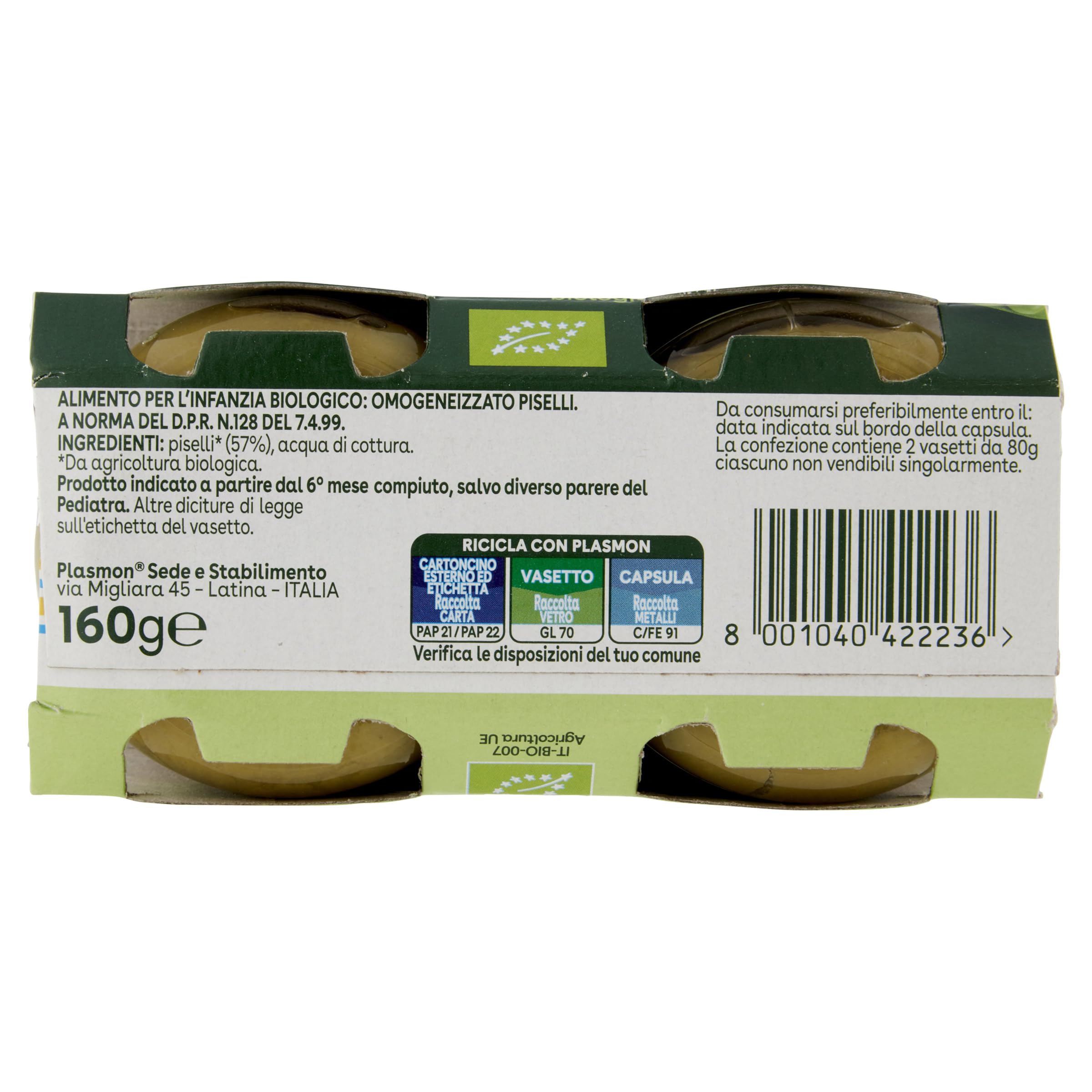 Plasmon BIO Omogeneizzato Piselli 2X80g (12 Confezioni)
