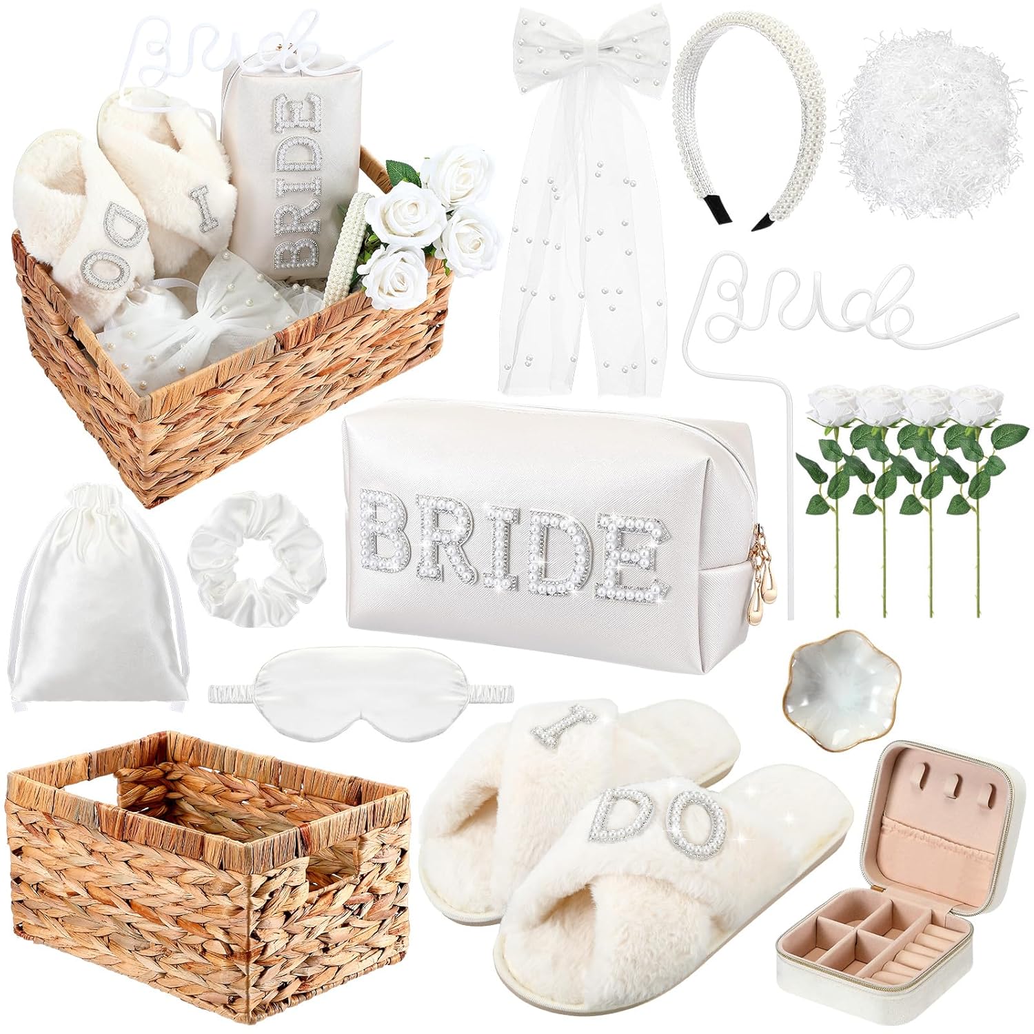 Kacctyen 16 Pcs Bride Gift Basket Ideas Bridal Shower Gifts Boxes Include Wicker Basket Bride Makeup Bag Slippers Pearl Headband Jewelry Box Hair Bow Veil and More for Bridal Stuff Engagement Gifts