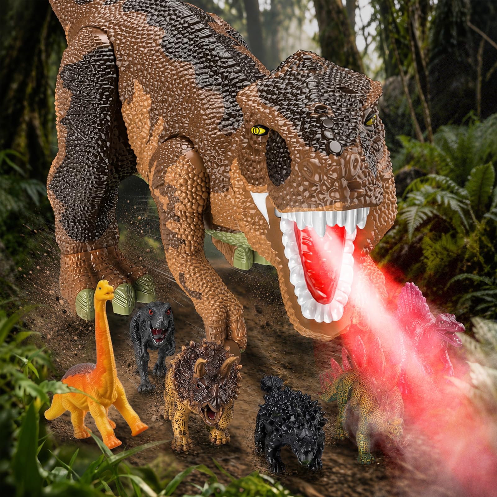Juguetes De Dinosaurios para Niños De 3 A 8 Años, Gran T-Rex con Almacenamiento Oculto, Set Completo con Figuras, Niebla Realista, Luces Y Sonidos, Movimiento Deslizante, Marrón