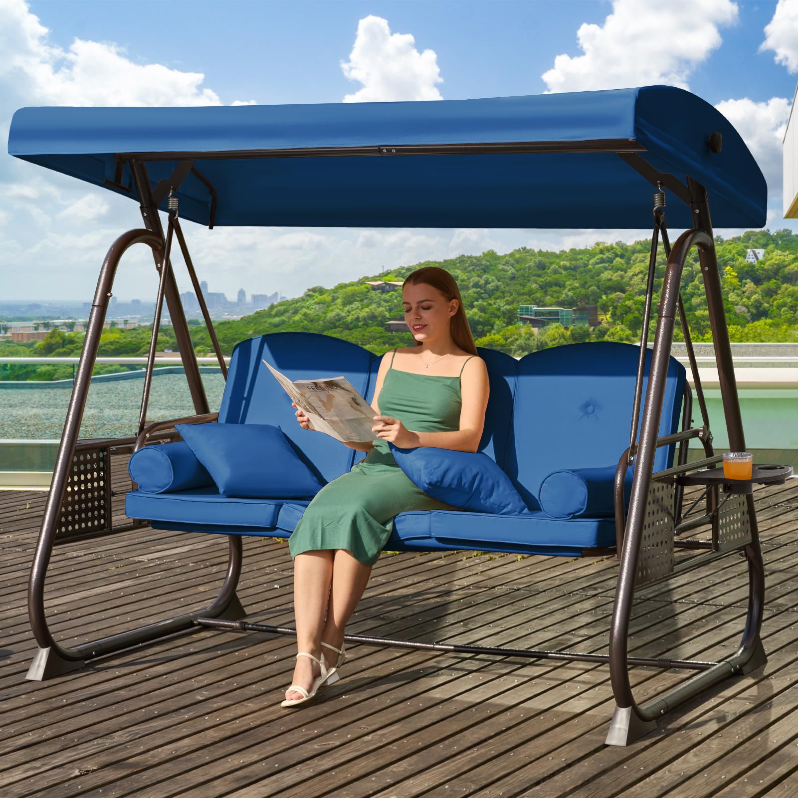 3 in 1 Outdoor Porch Swing with Adjustable Canopy, 3 Seat Outdoor Swing for Adults, Patio Swing Chair with Thickened Cushions,Pillows &amp; Cup Holders for Backyard, Porch, Garden (Blue)