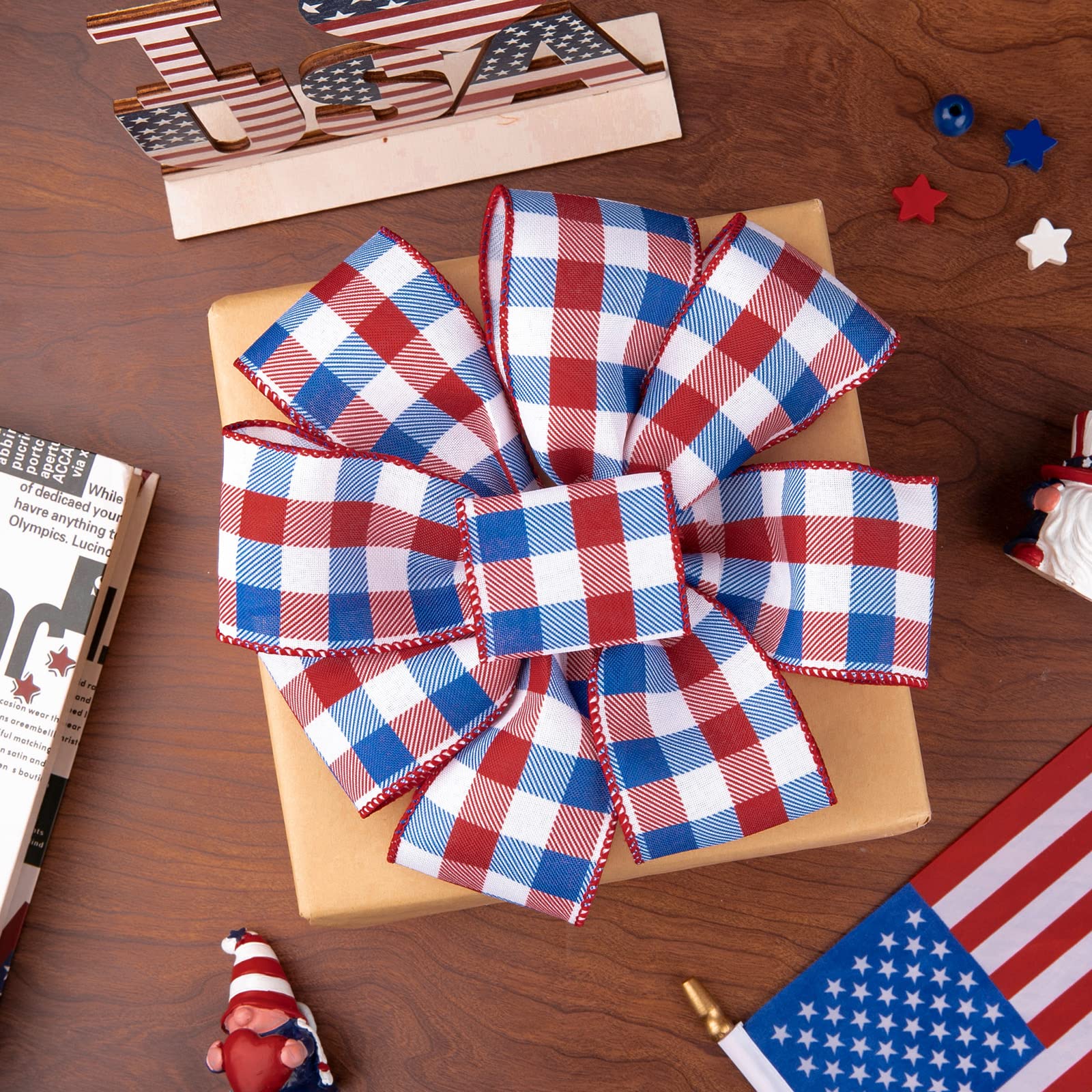 Whaline 2 Rollen 4. Juli Drahtrand Plaids Band Patriotisches Büffelkaro Band Rot Blue Plaids Ribbon 6,3 cm Bauernhaus Bastelband für Independence Day DIY Geschenkverpackung Schleife Dekor, 9,1 m