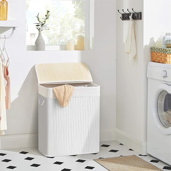 SONGMICS laundry basket made of bamboo, 2 compartment laundry box, laundry separator with lid and removable laundry bag, cotton handles, 100 L laundry box, white LCB64WT