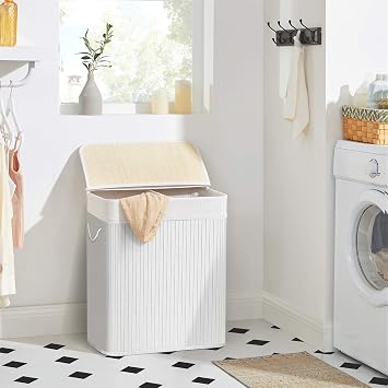 SONGMICS laundry basket made of bamboo, 2 compartment laundry box, laundry separator with lid and removable laundry bag, cotton handles, 100 L laundry box, white LCB64WT