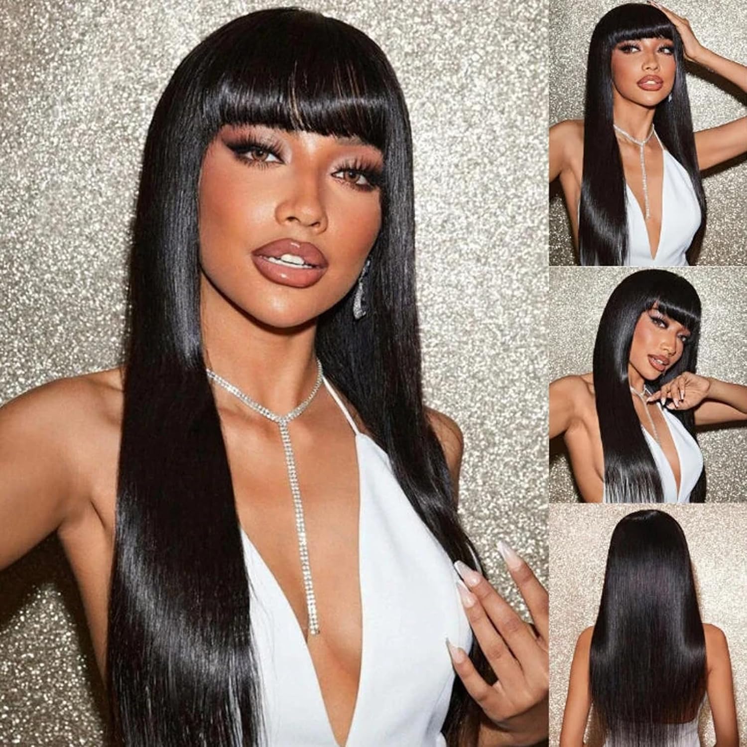 ANDRIA Black Wig With Bangs Long Wigs Silk Straight Wig Synthetic Natural Black Wig Heat Resistant Fiber Hair Daily and Cosplay Clueless Full Machine Wig For Black Women 24 Inches Black Hair Wig