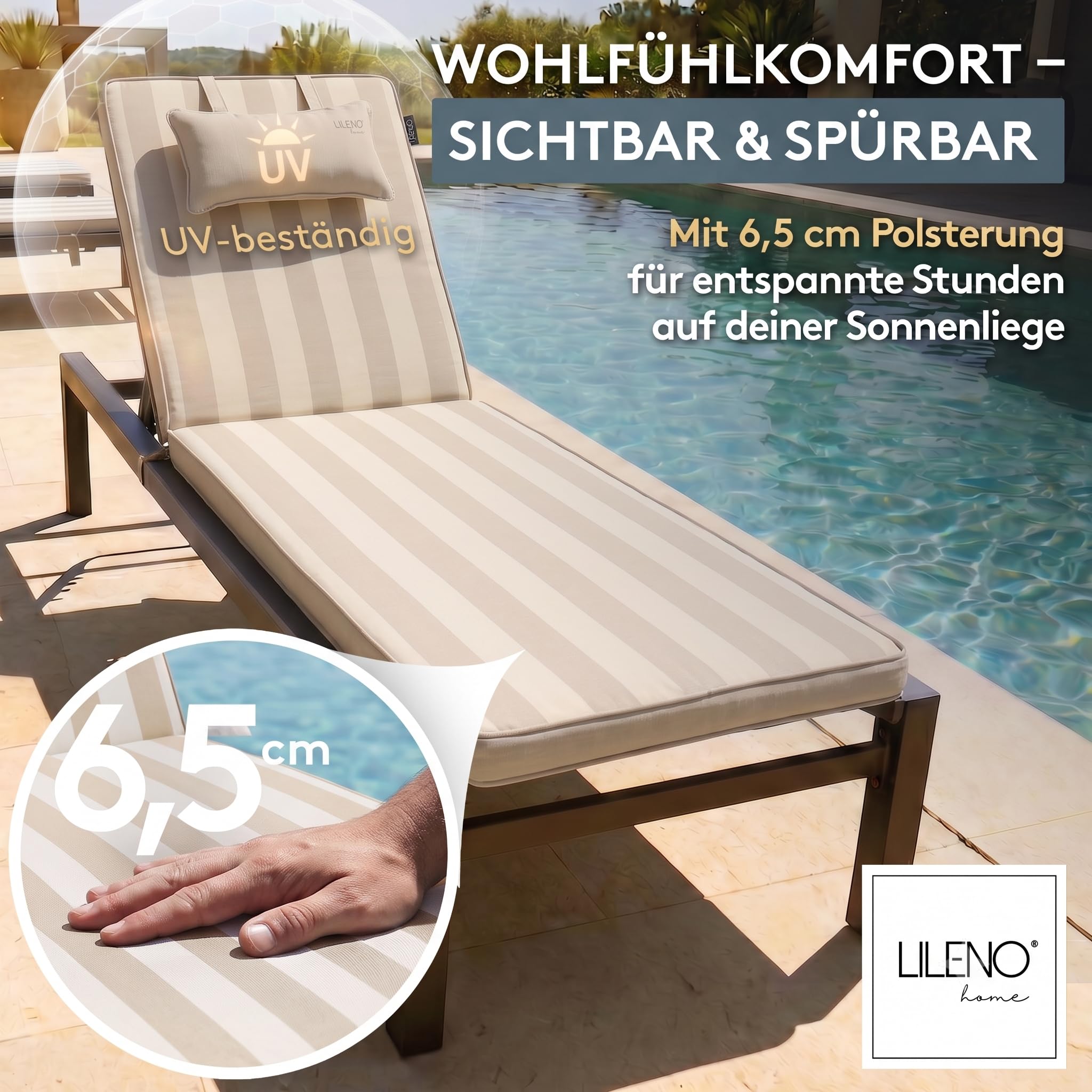 LILENO HOME Tumbona con almohada, juego de 1 silla de ruedas en franjas de bloques, color beige | Bloques de rayas beige – Tumbona de jardín perfecta para tumbona de playa – Cojín para tumbona de jardín Dub