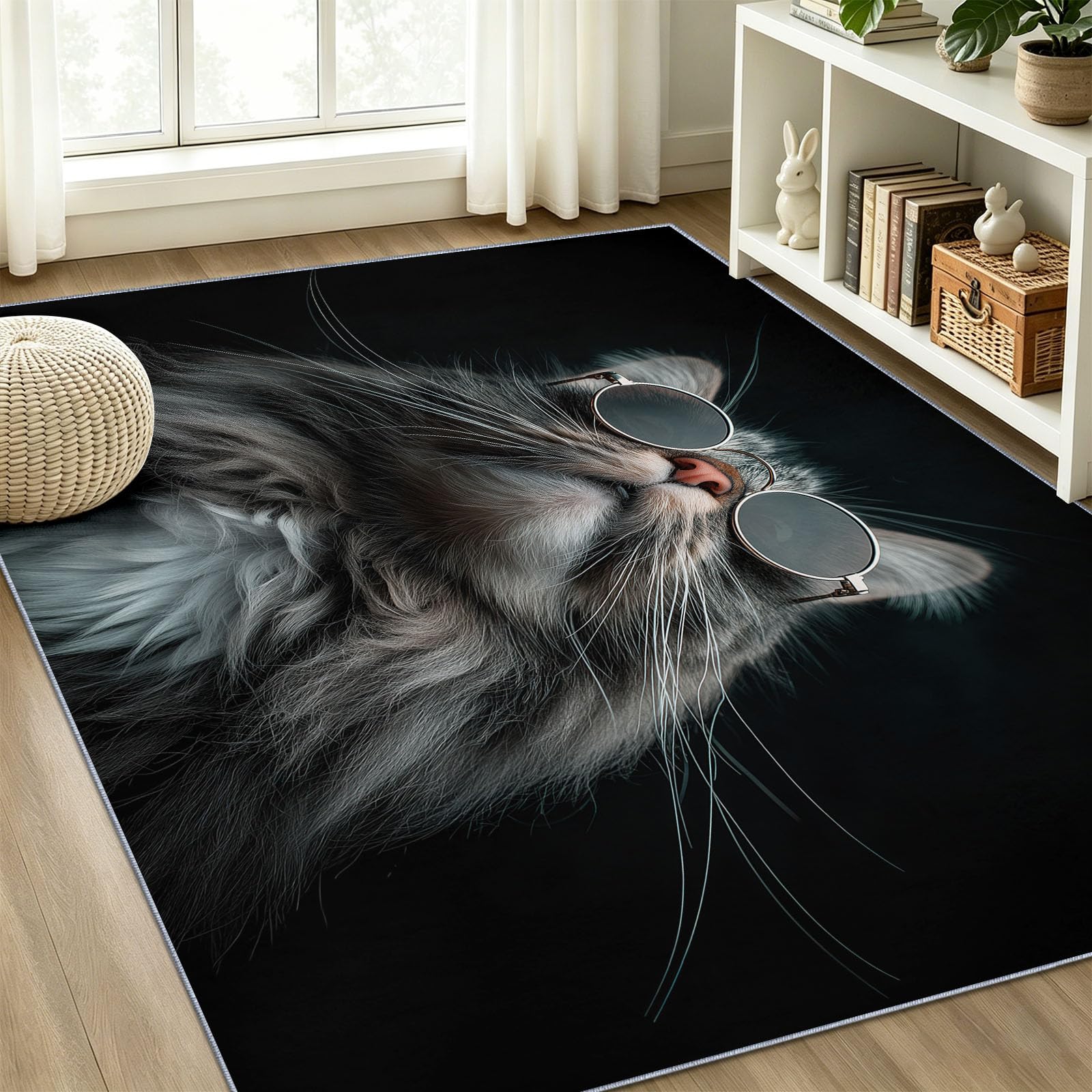 Modern Fotografie Teppich 60 x 90 cm Kurzflor GrauDunkel Katze Sonnenbrille, Waschbar, Pflegeleicht, Extra Weich Für Wohnzimmer, Schlafzimmer, Esszimmer