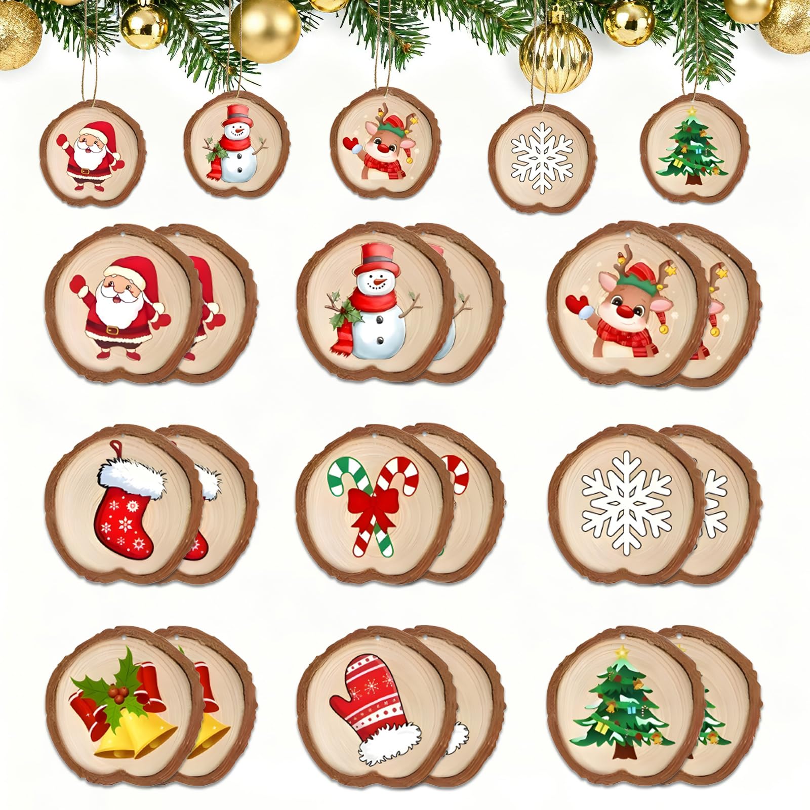 Photo 1 of 18PCS Wooden Crafts Ornaments for Christmas Tree Hanging Decorations Snowman Santa Reindeer Snowflake Vintage Rustic Wood Slices with Ropes for Xmas Tree, Winter, Home, Party