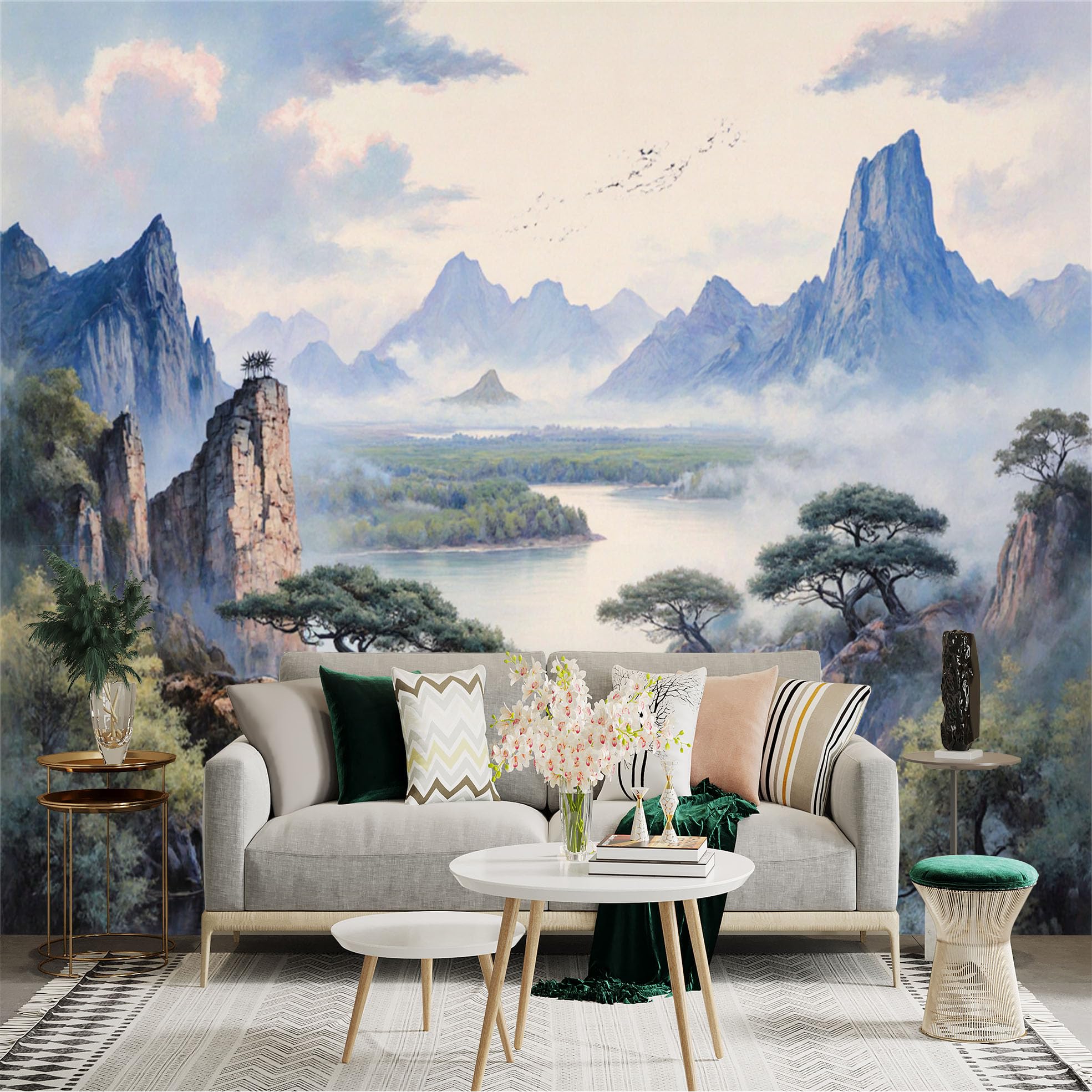 Lnzczhyre Xc260505704 Custom Size Wall Sticker Mural， Majestic Mountain Landscape， Misty River With Waterfall， Serene Oriental Scenery， Natural Wilderness View， For Wall Decoration， Peelandstick Wall Decals.