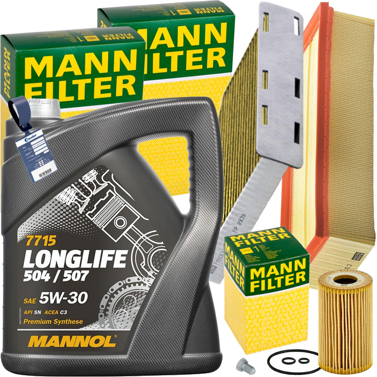Mann Inspektionspaket+5L Mannol 504 5W-30 Öl | FP2939 ( LAK181)+C35154+HU7008Z+588.670.001+MN1801 passend für Golf 6 A3 Tdi