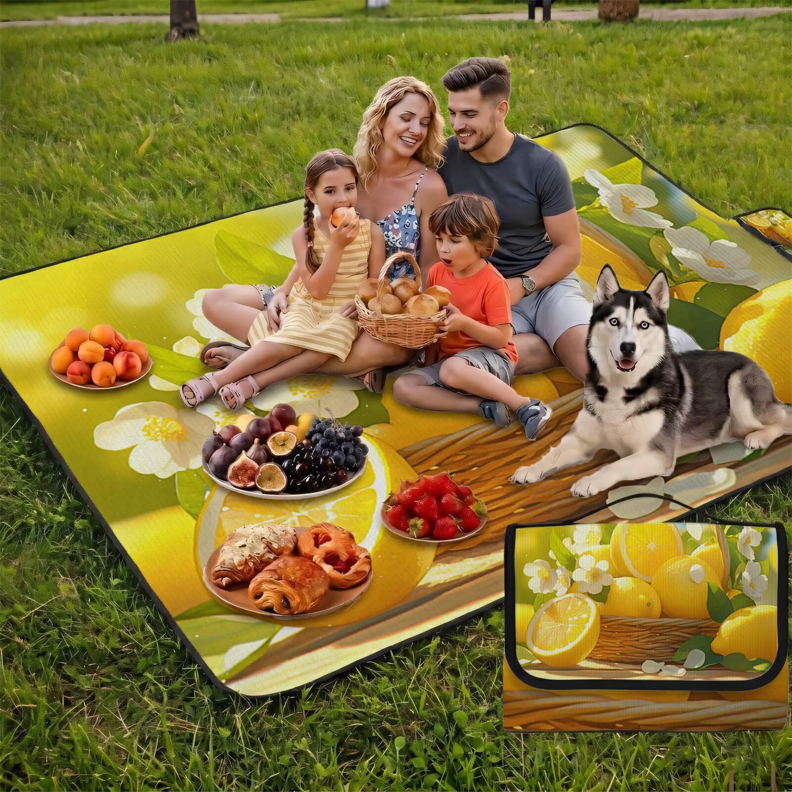Couverture de Pique-Nique Grande 200x300cm,Outdoor Couverture Imperméable,Pliable Tapis de Plage Dos en PVC Anti-Sable,Picnic Blanket pour Camping Accessoires,Jardin,Parc,Famille - Fruit,citron UZ-542