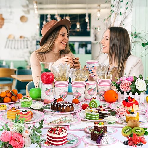 Miniatura 5 de Atonofun Suministros para fiestas de té juegos de platos y servilletas para fiestas de té platos para fiestas de té vasos servilletas y cubiertos