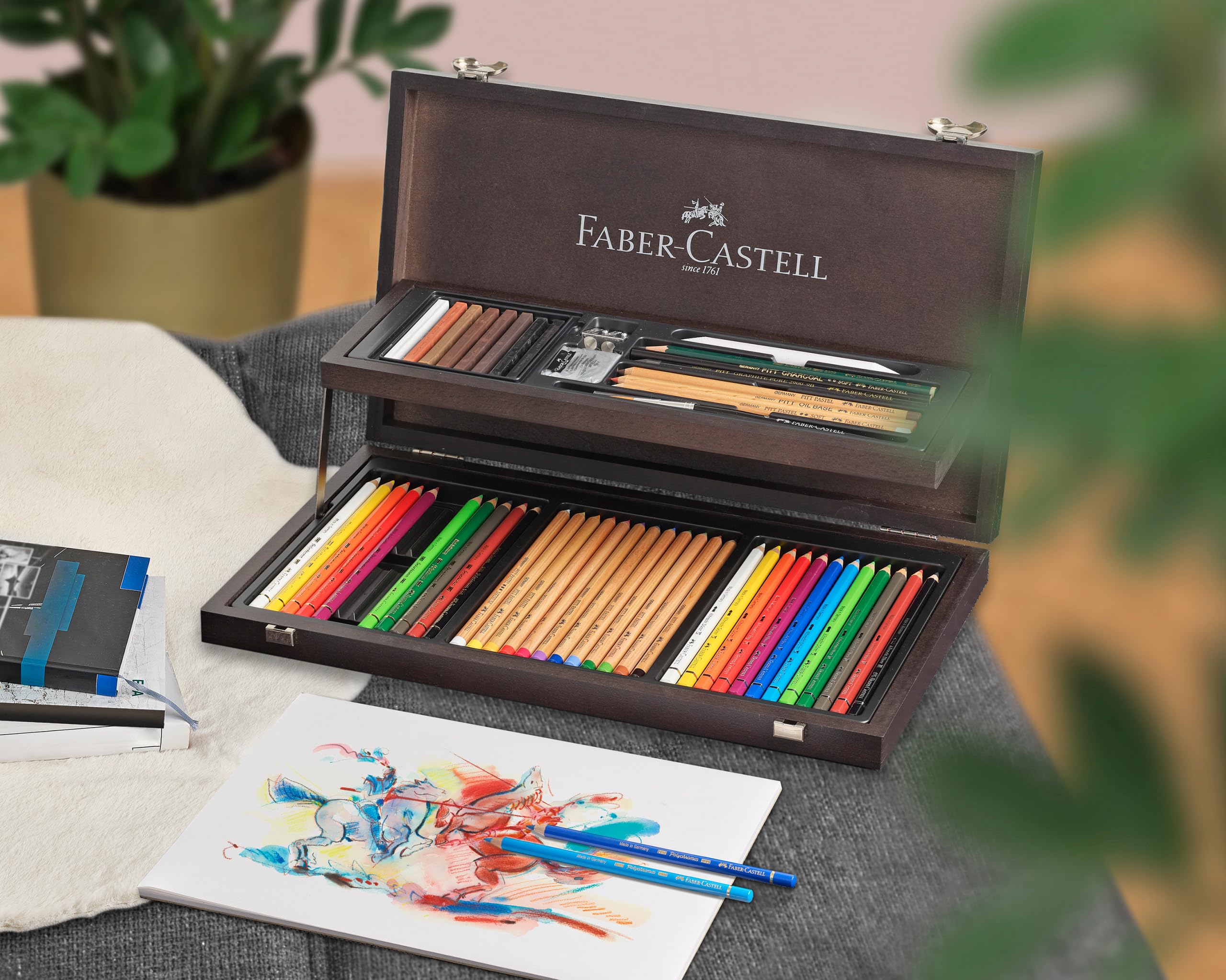 Faber-Castell - matite da artista da 53 pezzi, valigetta in legno | Con 12 matite colorate Polychromos, 12 matite acquerellabili, 12 pastelli Pitt e accessori