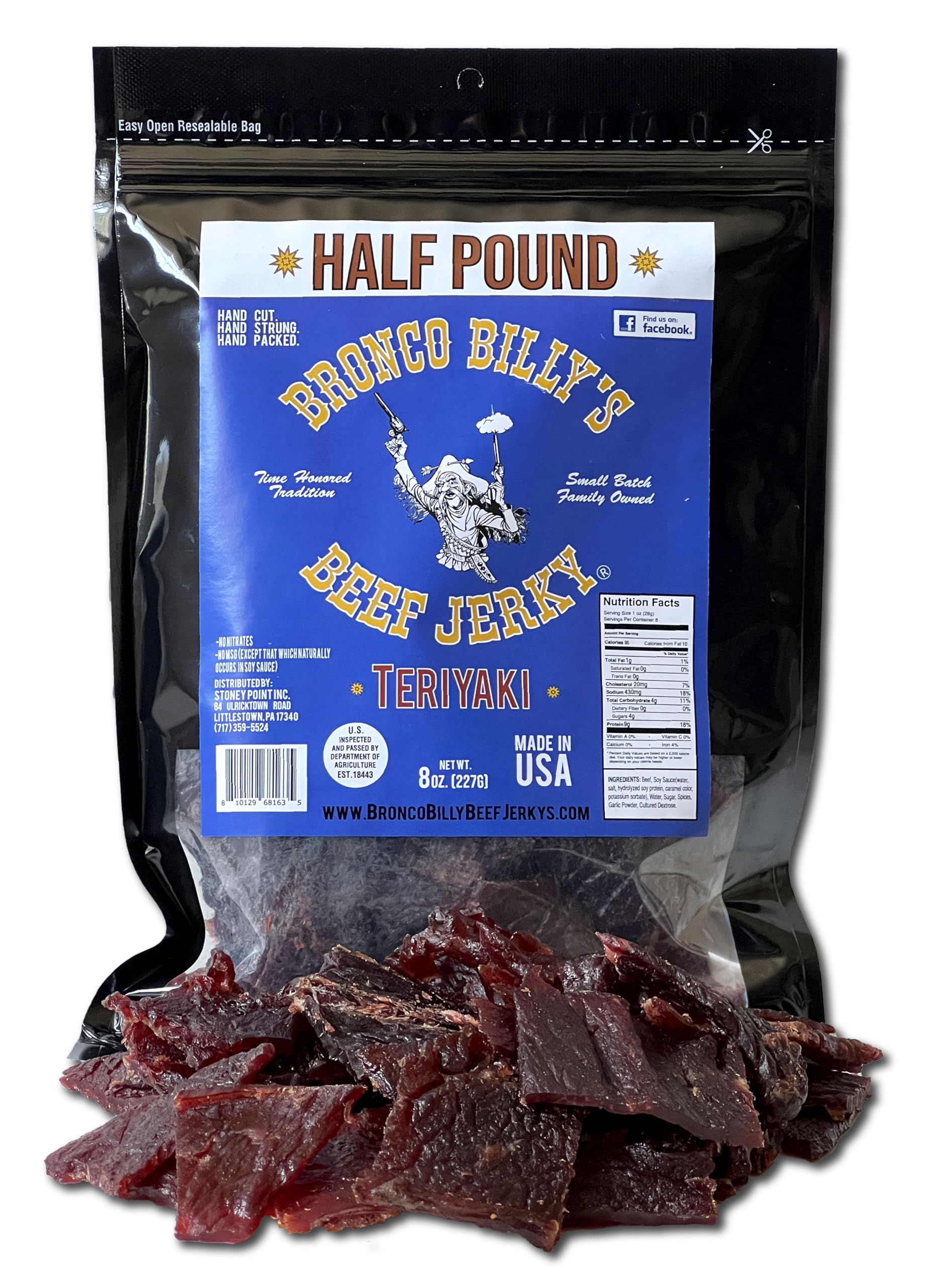 Bronco Billy's Beef Jerky Teriyaki Half Pound Resealable Bag, Made in USA with Premium USDA Beef, Hand Cut, Hand Strung, Hand Packed