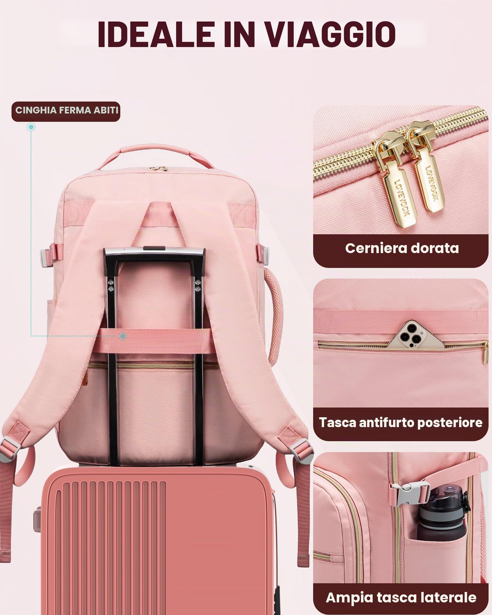 LOVEVOOK Zaino da Viaggio Aereo Bagaglio a Mano Donna Uomo Impermeabile 40L | Trolley Cabin Max per Ryanair Easyjet, Grande Porta PC 17 Pollici Valigia Borsa a Zainetto Rosa
