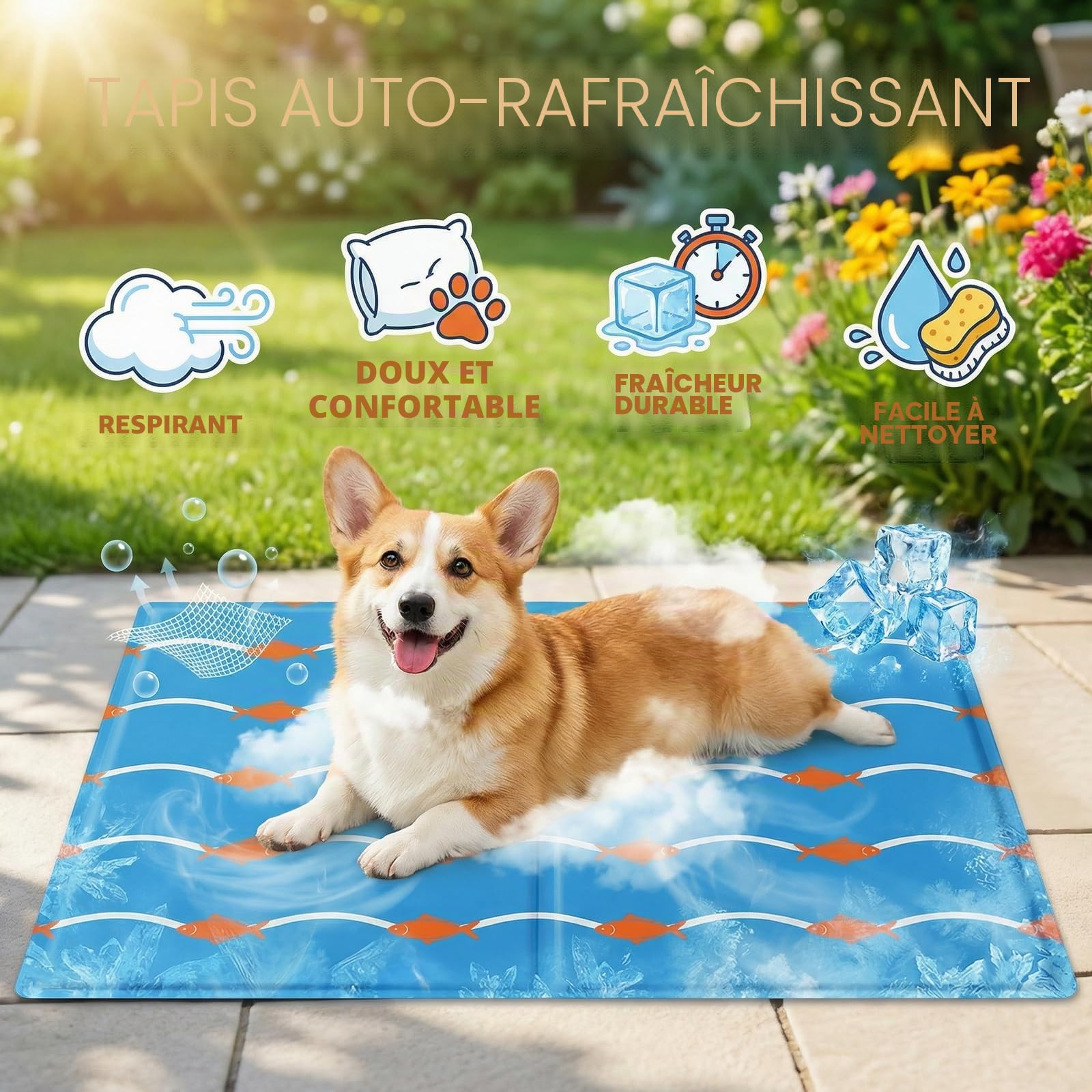 Qoosea Tapis Rafraîchissant pour Chien et Chat 50x90cm - Motif Poissons et Vagues, Matelas Refroidissant Auto-Cooling, Imperméable et Pliable, pour Maison, Voiture, Voyage