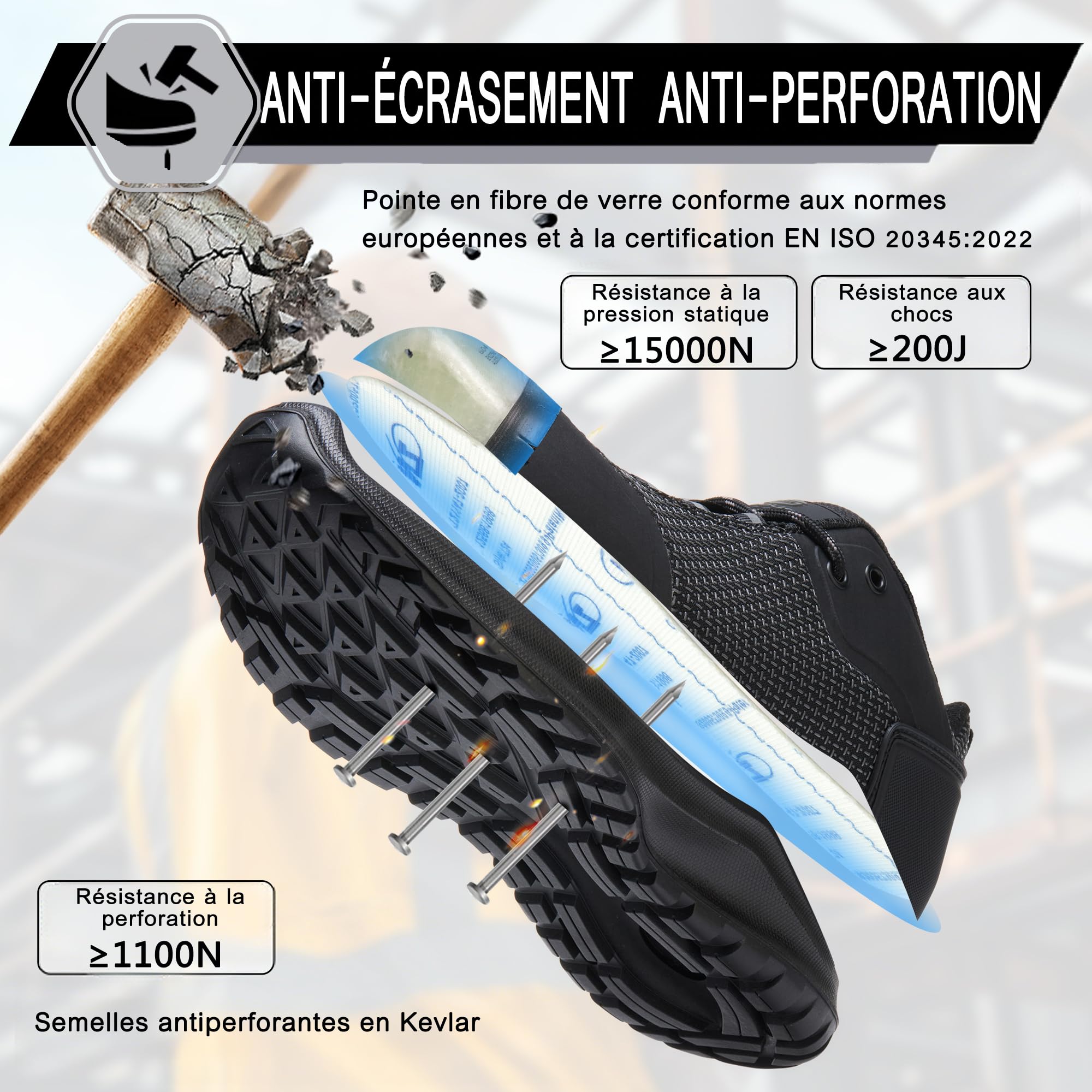 ISOOUS Chaussures de Sécurité Hommes Femmes S3 ESD Chaussures de Travail SRC FO Basket de Securite Imperméables