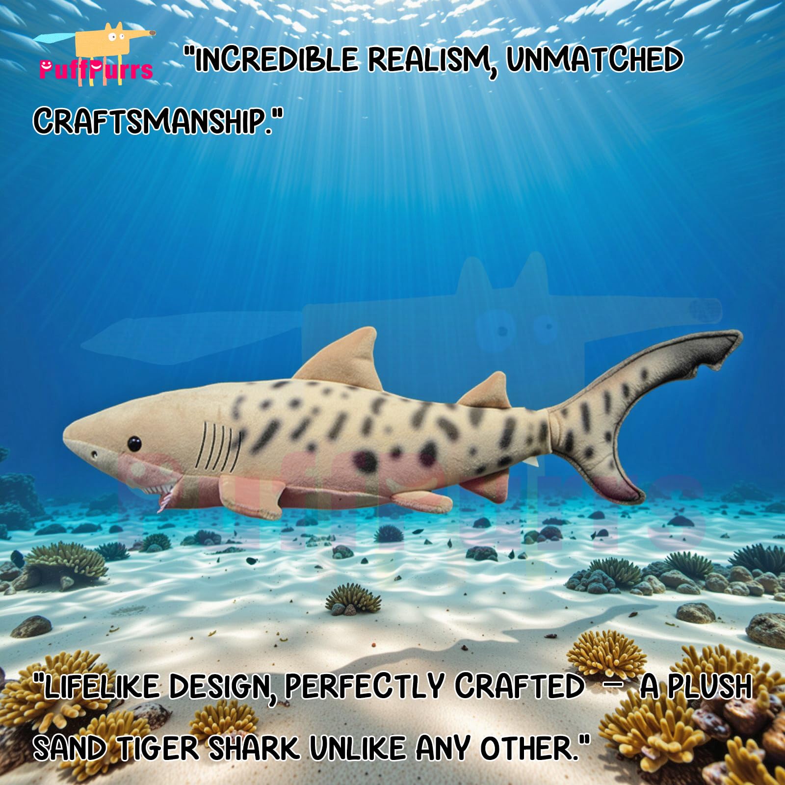 PuffPurrs Lifelike Sand Tiger Shark Plush Toy, Realistic Carcharias taurus Teddy Stuffed Animal - Image 3