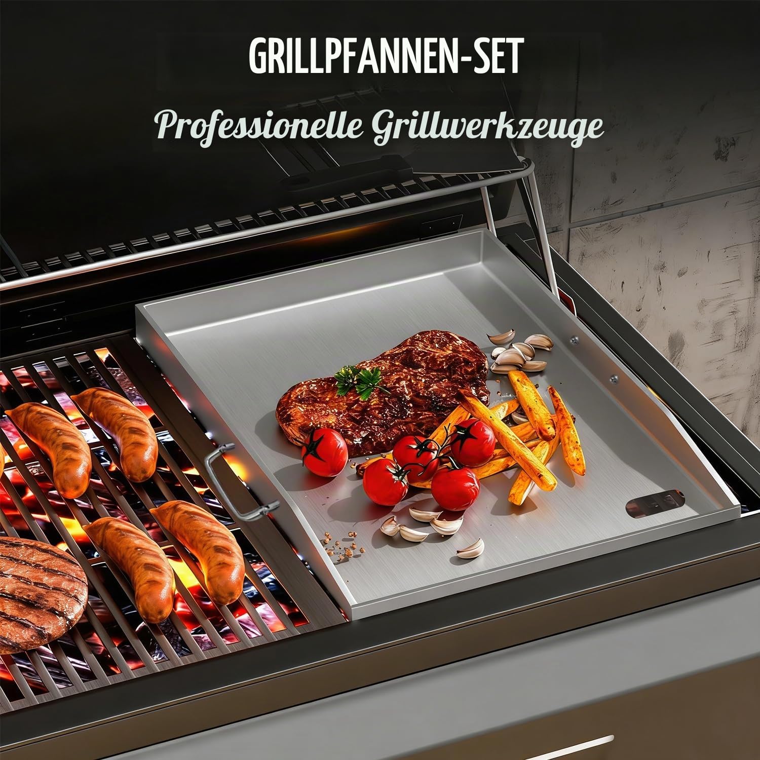 devesanter Grillplatte 40x30cm aus Edelstahl mit Grillspachtel Set | Robuste 304 Edelstahlplatte mit Ölablaufrille. Ideal für Feuerstelle, Grill, Ofen und Herd, inklusive praktischem Zubehör.