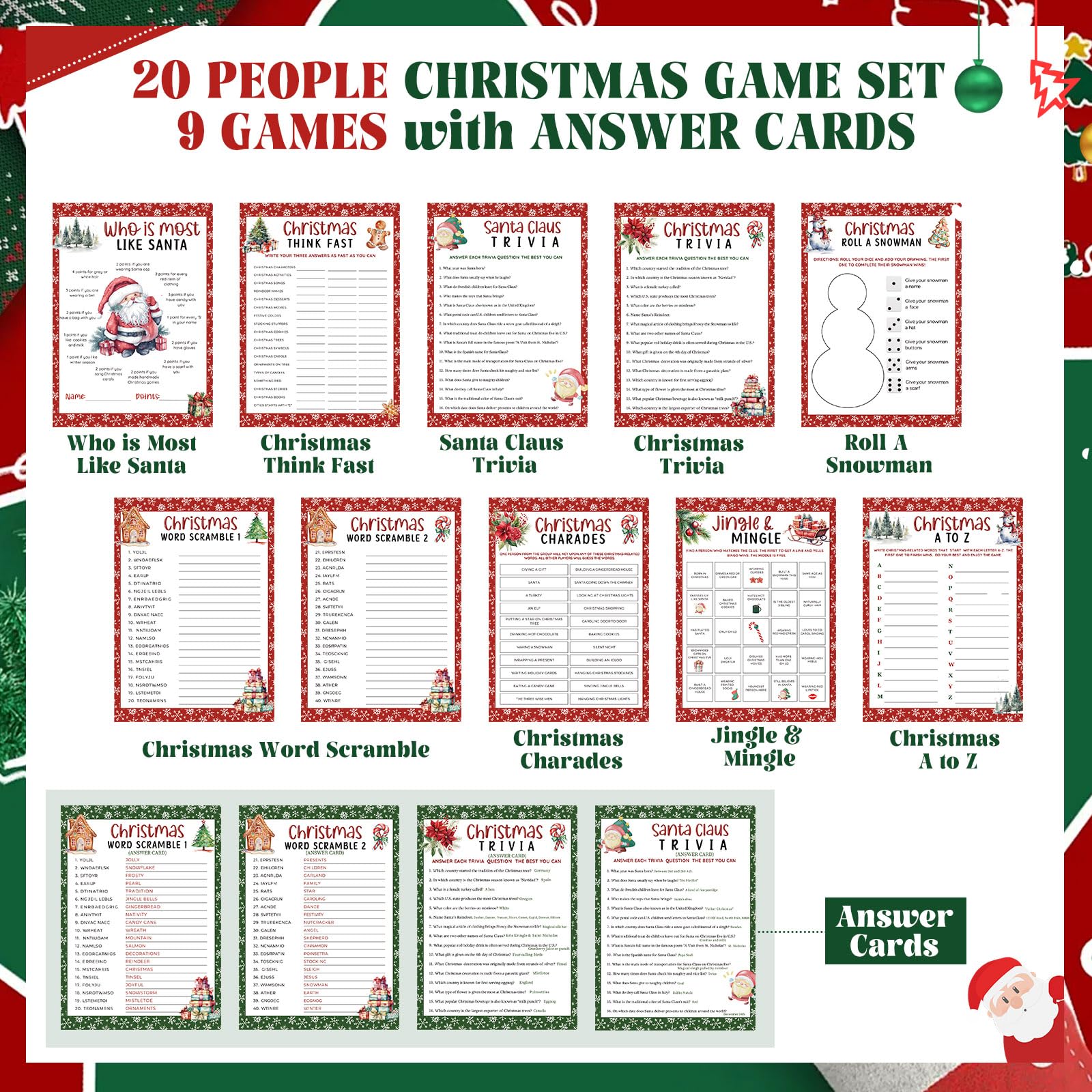 Fullhawl 124 Stück Weihnachts-Quiz-Spielkarten für Familie mit 102 Quiz-Antwortkarten, 2 Spiel-Summern, 20 Weihnachtsstiften, Erwachsenengruppe, Weihnachtsfest, Ratespiele, Urlaub, Partyzubehör
