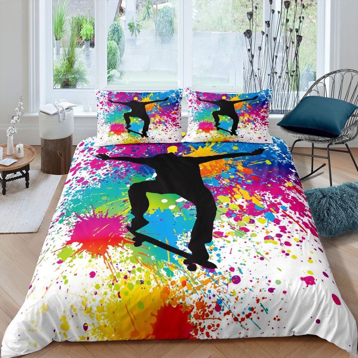 Skateboard Bedding Set King Size Colorful Rainbow Tie-Dye Decor Hip-Hop Style Comforter Cover for Boys Teens Girls Extreme Sport Theme Duvet Cover Skateboard Sports Theme Hippie Bedspread with Zipper — image 1