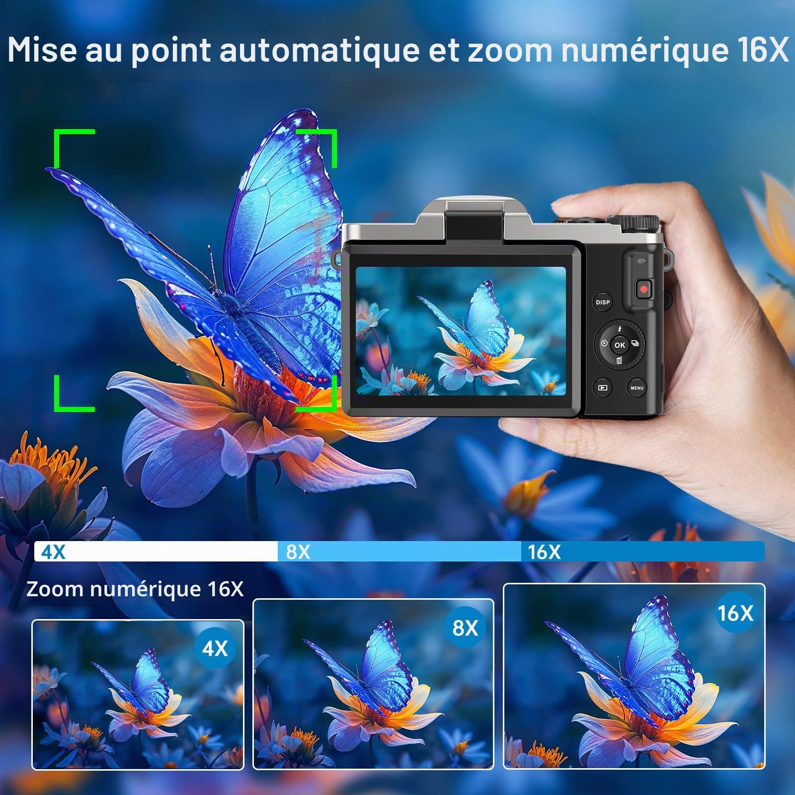 Appareil Photo Numérique 4K 64MP avec WiFi, Caméra Vlog avec Autofocus et Webcam, Écran 3″ Rabattable 180°, Zoom Numérique 16X, Anti-Tremblement, Carte SD 32 Go, Chargeur et 2 Batteries, Débutant