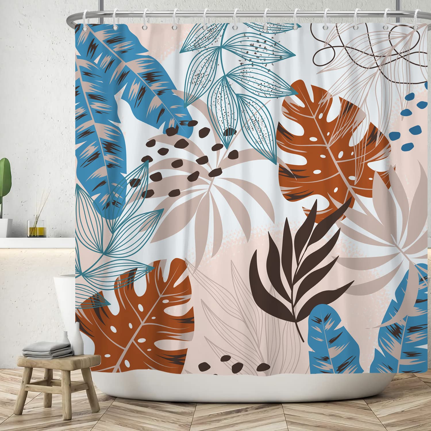 Bovlleetd 71x79inch Abstract Plant Bathroom Curtain Waterproof Boho Botanical Shower Curtain Watercolor Mid-Century Tropical Plant Shower Curtains Washable Bathtub Curtain
