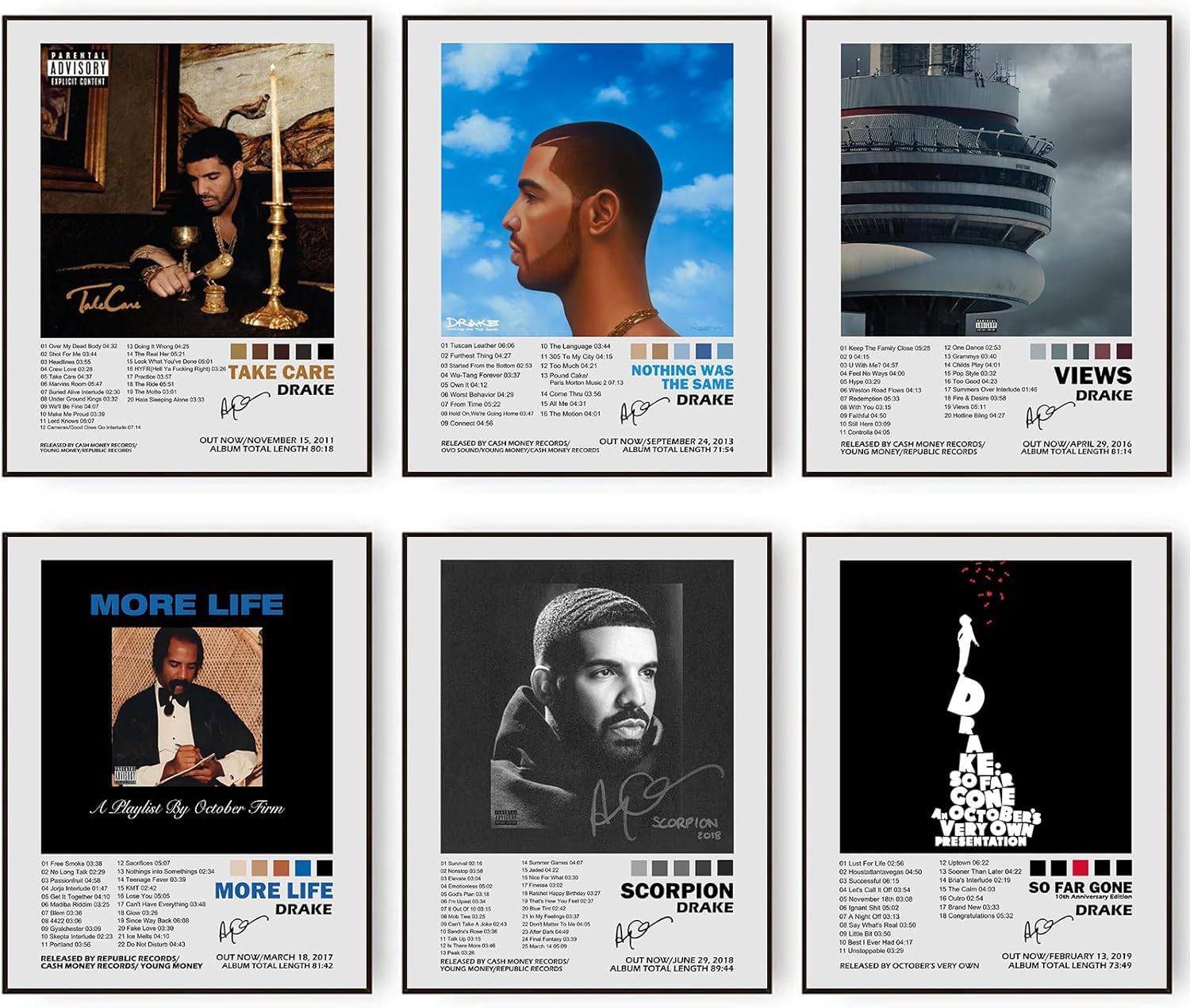 Drake Signed Restricted Posters Music Album Cowl Poster Prints Set of 6 Room Aesthetic Canvas Wall Artwork Prints for Woman and Boy Teenagers Dorm Bed room Room Wall Decor (11″x14″ UNFRAMED)