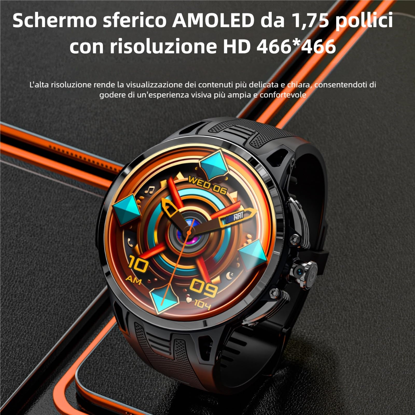LOKMAT 4G Android Smart Watch, schermo AMOLED da 1,75'', 3 GB + 32 GB, tracker di attività fisica sportiva, smartwatch per uomo e donna, con slot per scheda SIM, fotocamera rotante, GPS, WiFi (nero)