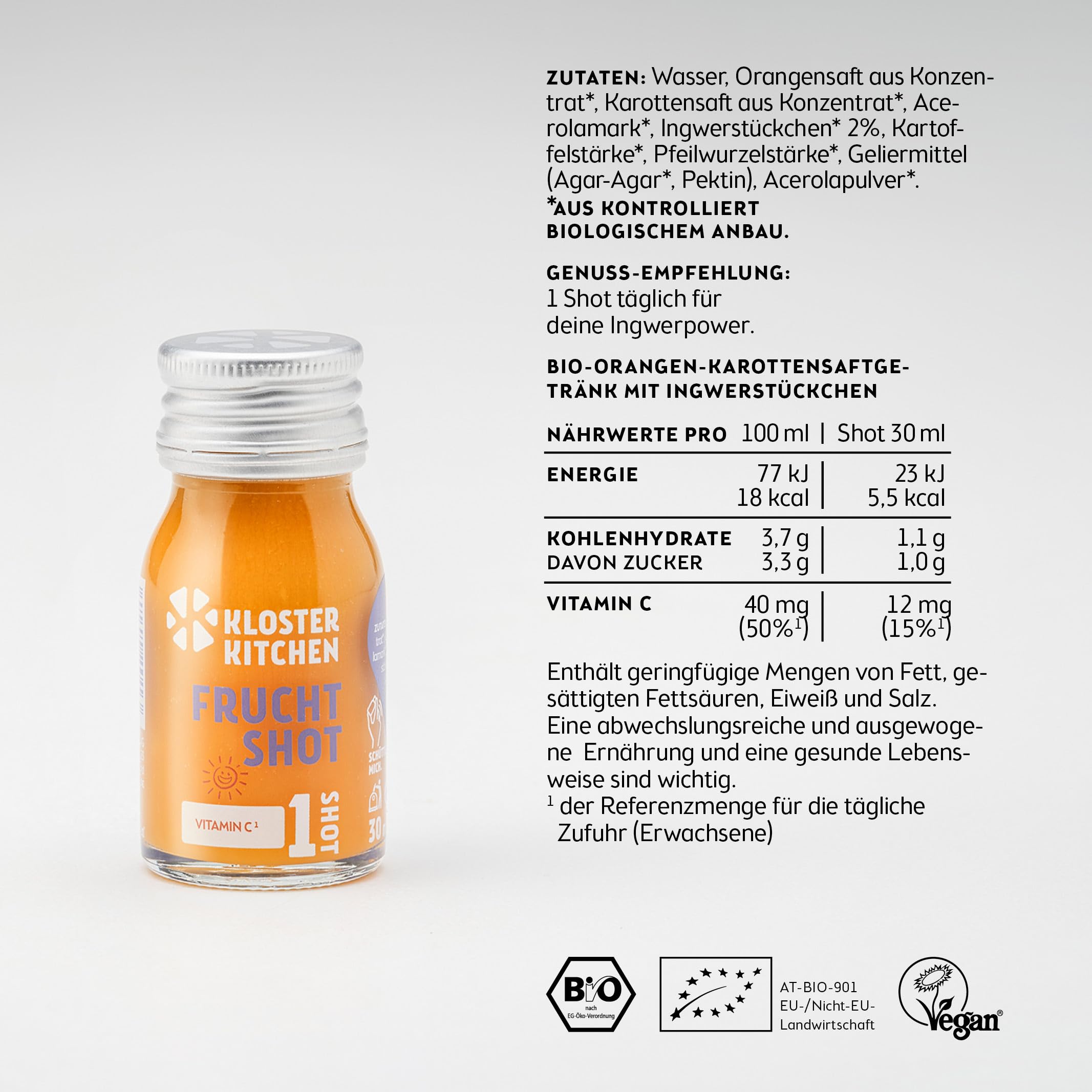 Kloster Kitchen zenzero biologico per bambini 1SHOT 28 x 30 ml con veri pezzi di zenzero I zenzero vegano in bottiglia di vetro da asporto I fruttato-morbido senza additivi e con dolcezza naturale