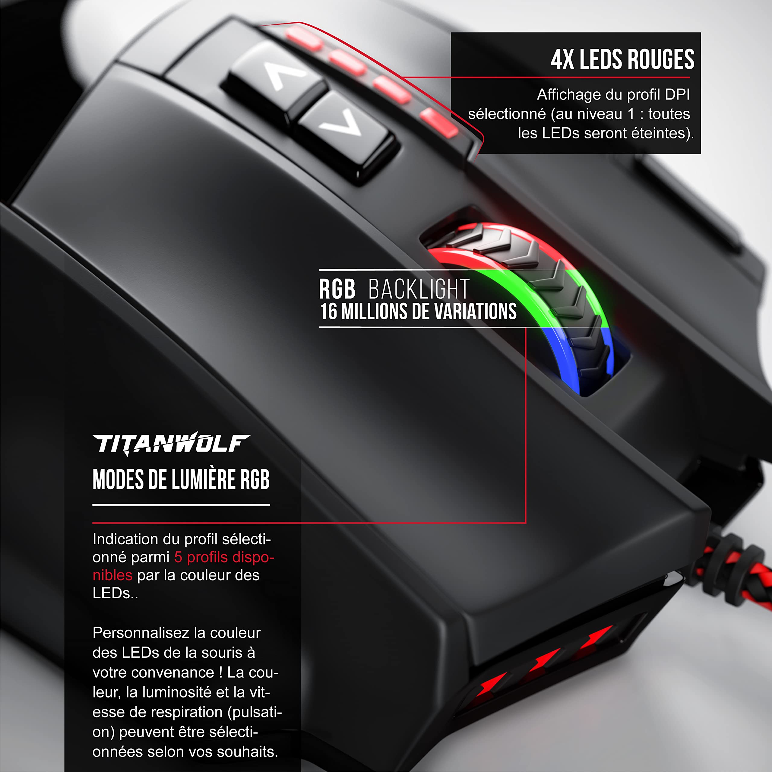 Titanwolf - 16000 dpi Souris Laser de Gaming - 18 Touches - Haute précision - Éclairage LED configurable - Technologie de capteurs Avago - MMO Gaming - Logiciel Inclus Touches programmables