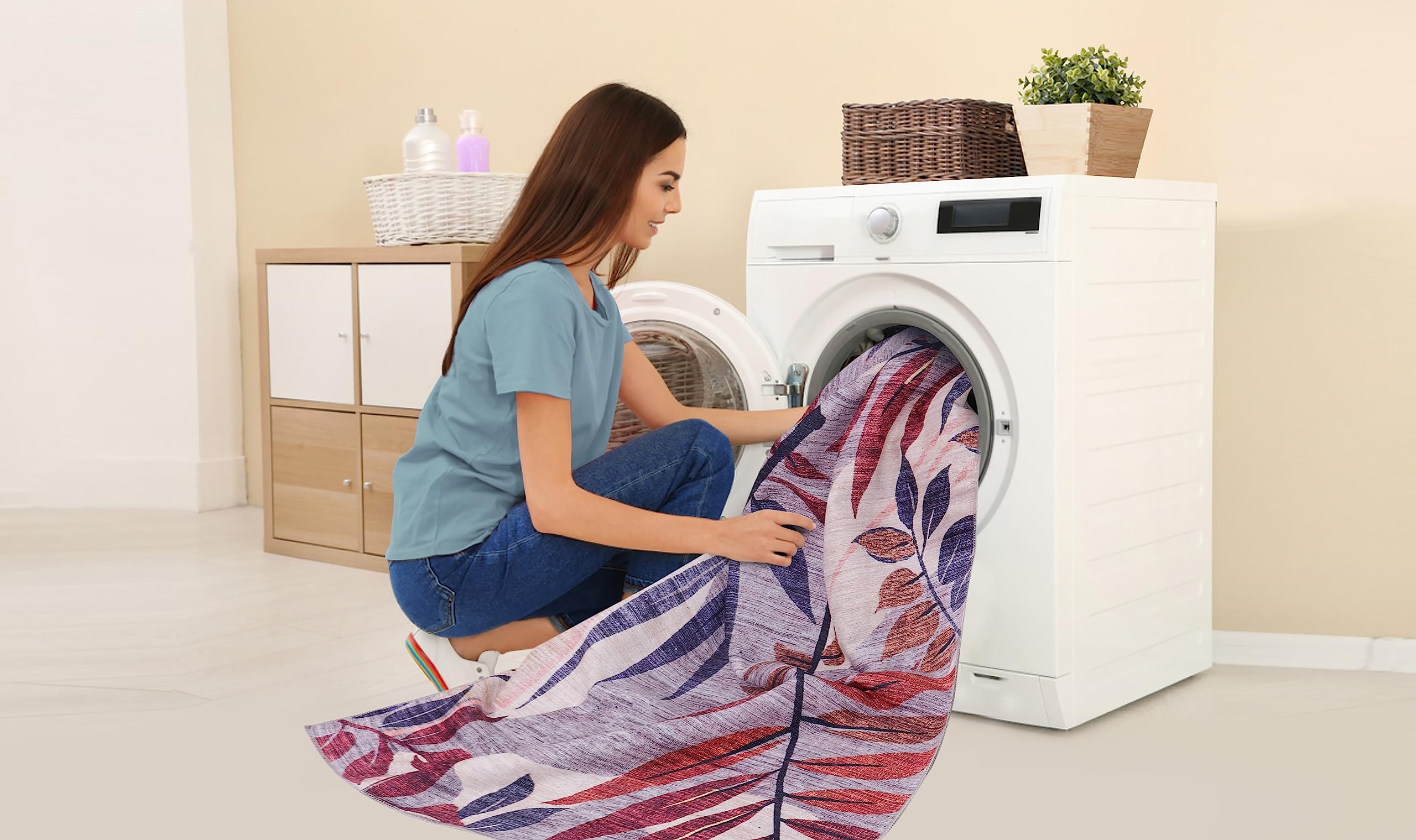 Tapis Lavable en Machine pour Cuisine, Chambre, Salle à Manger et Salon | Adapté aux Enfants et Animaux | Poils Courts | Antidérapant (Floral, 80 x 240)
