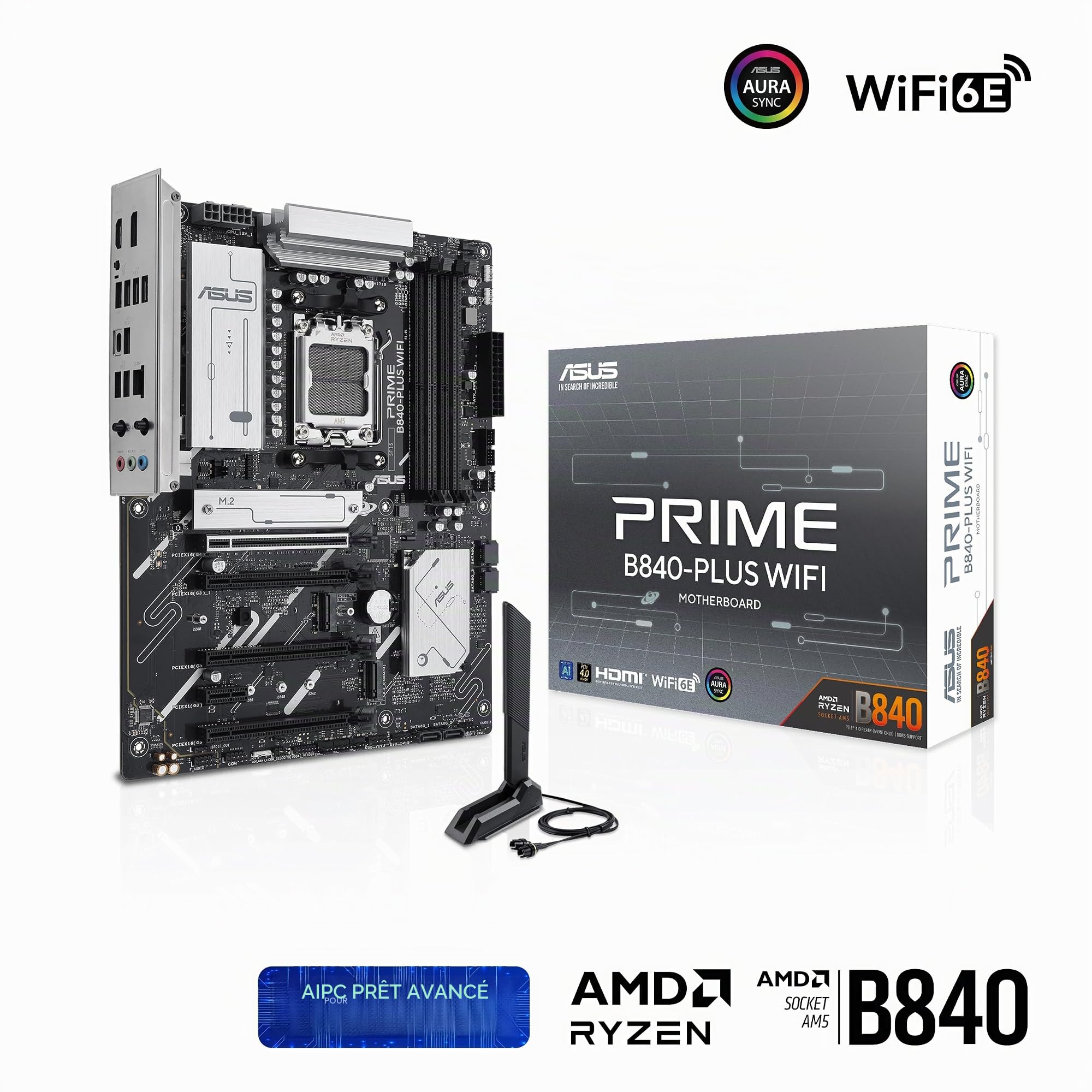 AMD B840 ATX Motherboard, DDR5, PCIe 4.0 Ready, Three M.2 Slots, Wi-FI 6E, Realtek 2.5Gb Ethernet, DisplayPort, HDMI™, Rear USB 10Gbps Type-A & Type-C® Support, BIOS Flashback™, Aura Sync
