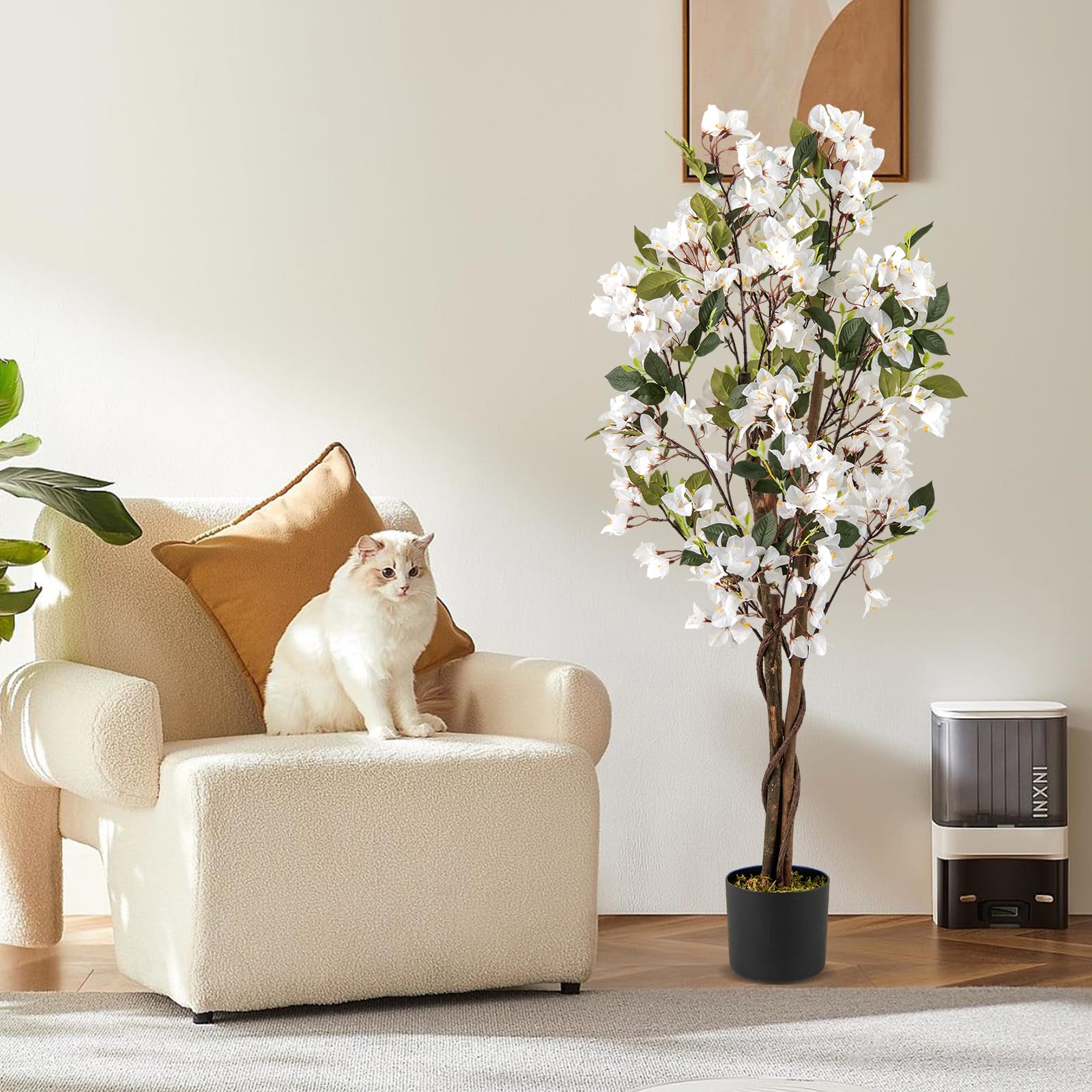 COSTWAY 120 cm Kunstbaum mit Blüten, Kunstpflanze im Topf, Künstlicher Bougainvillea Baum, Fake Topfpflanze, Künstliche Pflanzen für Indoor Outdoor Schlafzimmer Büro Garten Dekoration (Weiß,1)