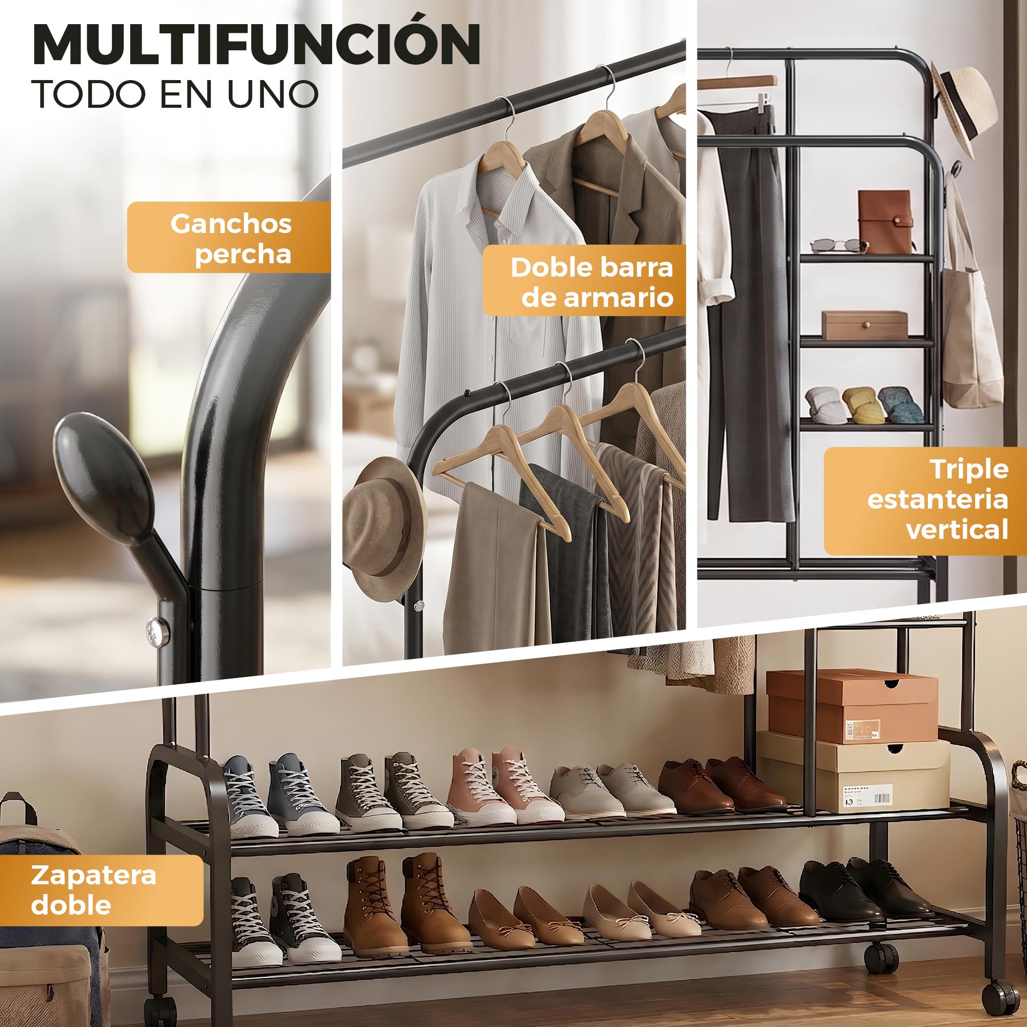 Burro de Ropa Resistente 150 cm con Doble Barra y Zapatero - Perchero de Pie con Ruedas 360 Armario Abierto Multifunción para Vestidor y Dormitorio Antideformación - Acero Negro