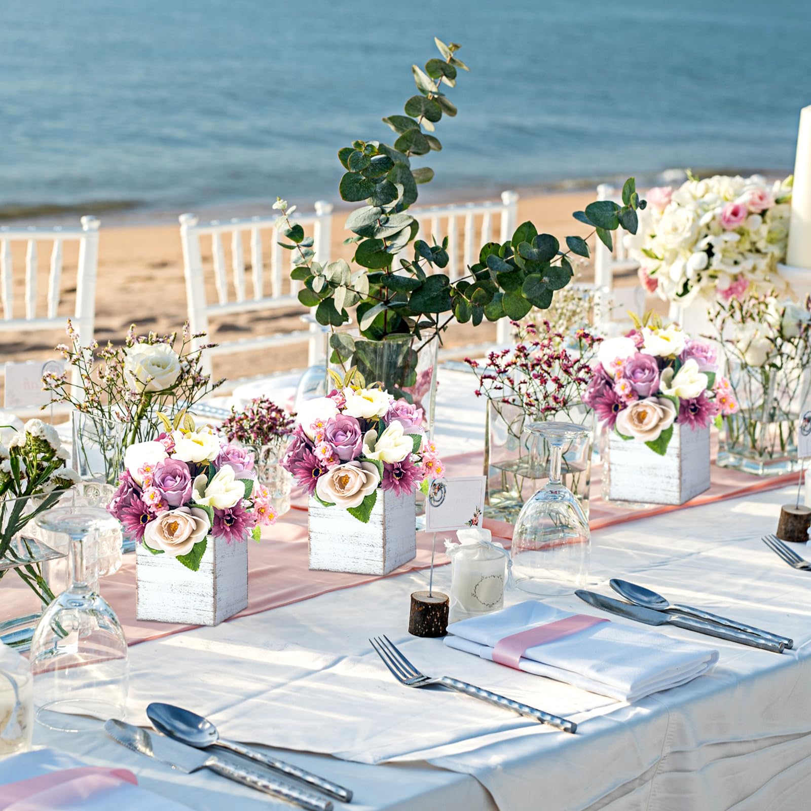 Dandat Lot De 4 Boîtes En Bois Pour Centres De Table, 10,2 Cm, Vases Carrés Rustiques En Bois Blanc Avec Doublure En Plastique Amovible, Blocs De