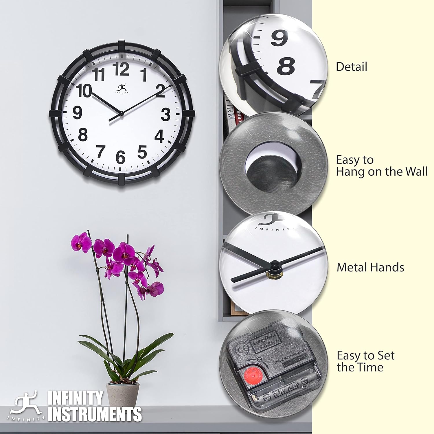 Infinity Instruments Nautical Style 16 Inch Indoor Clock, Easy to Read Wall Clock, Plastic, Battery Operated Wall Clocks for Indoor Decor - Black