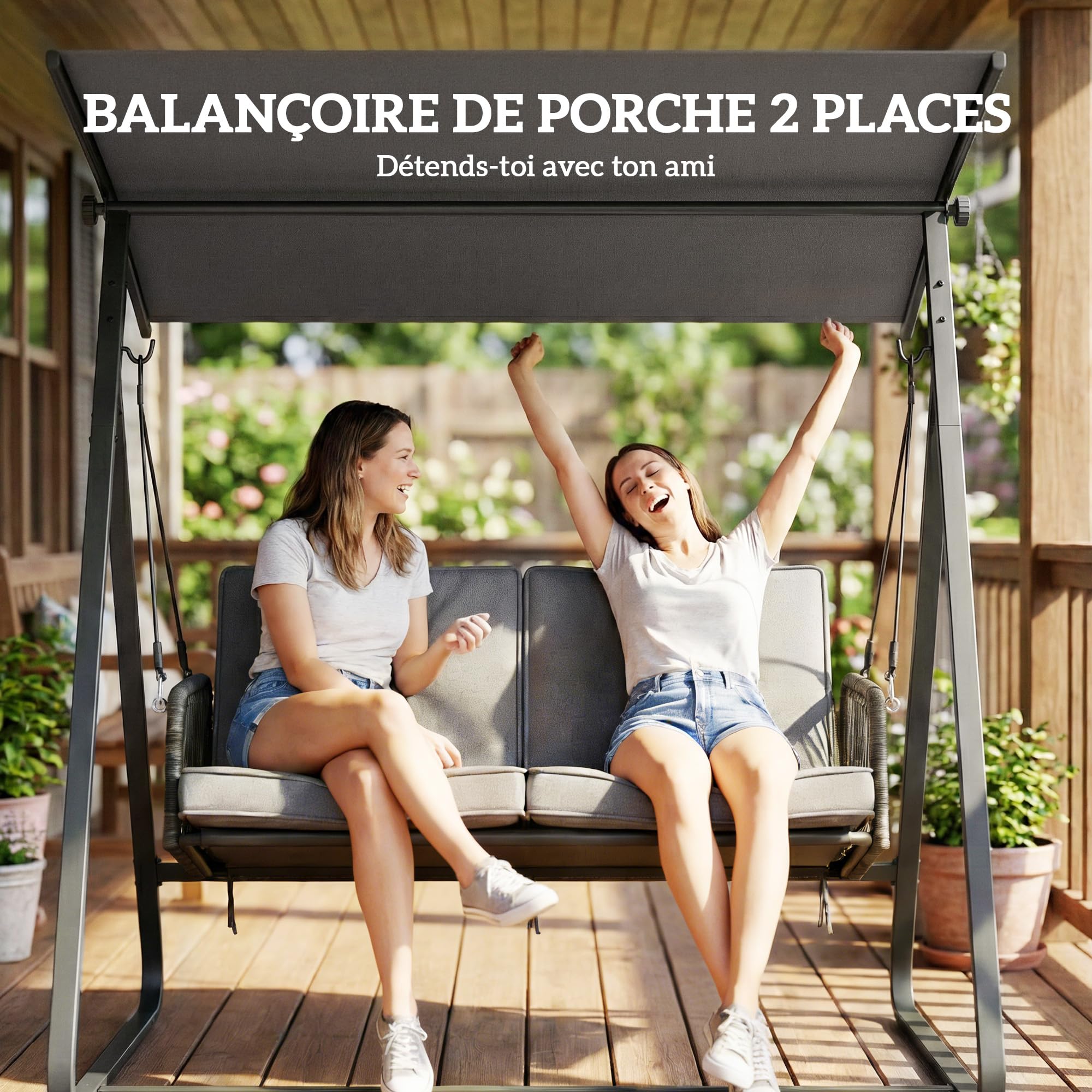 Outsunny - Balancín de jardín (2 plazas, resina trenzada, columpio exterior con techo ajustable y cojín grueso, marco de acero, carga 240 kg, para balcón, jardín, terraza, 150 x 128 x 168 cm, color