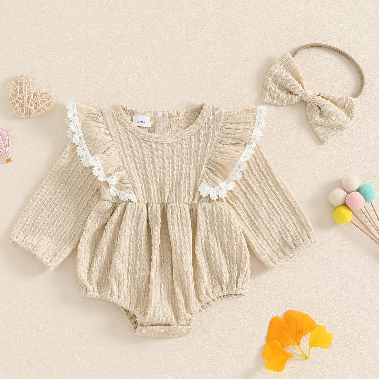 Douhoow Baby Girl Sweatshirt Romper Infant Baby Knit Romper Ruffle Festival Clothes Fall Winter Outfits with Headband (Beige, 6-12 Months)