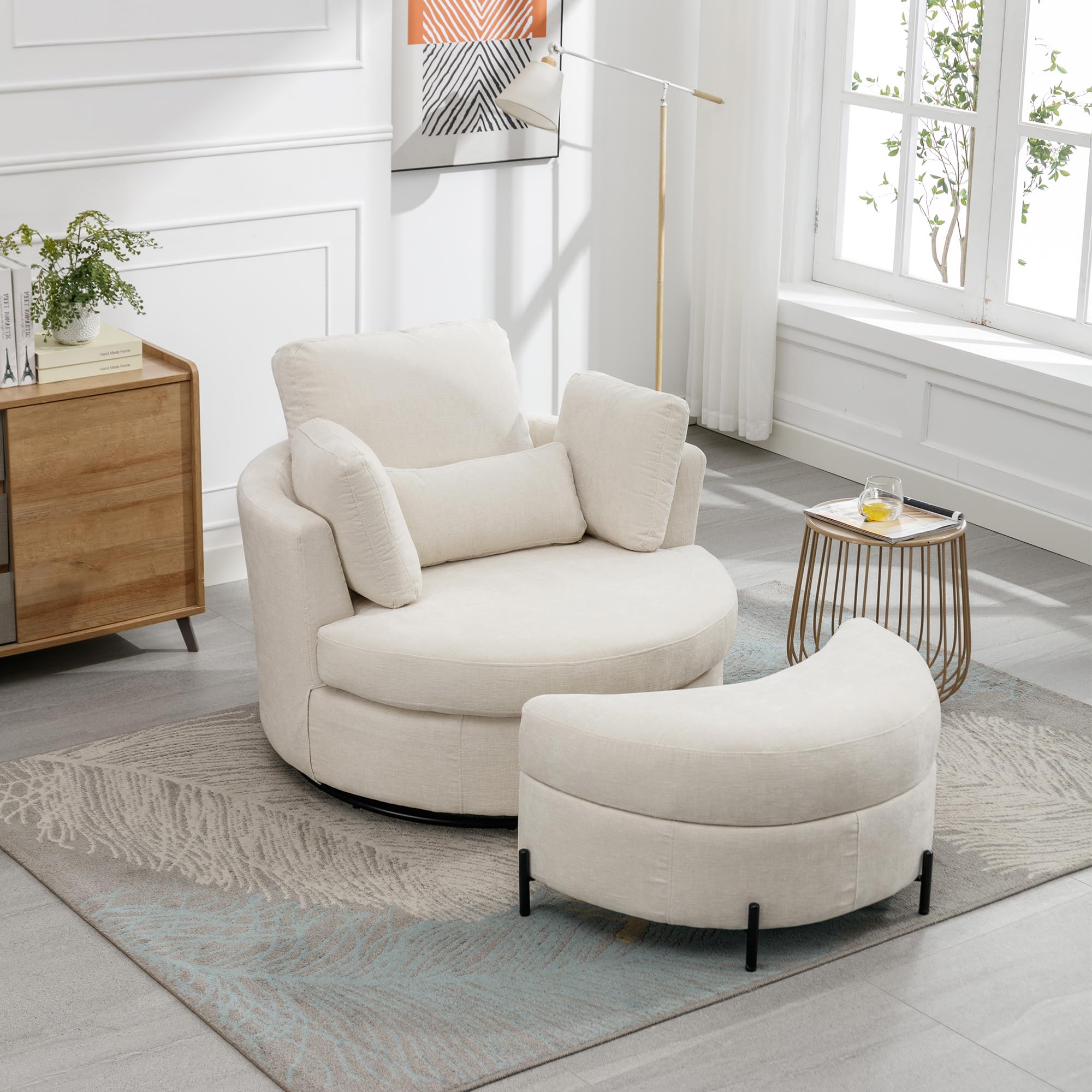 Photo 1 of **CHAIR ONLY** HomSof 42.2" W Swivel Accent Barrel Chair and Half with Chenille Upholstered Half Crescent Moon Storage Bench Large Ottoman,Suitable for Living Room,Bedroom,Office and Other Places,Beige Combo