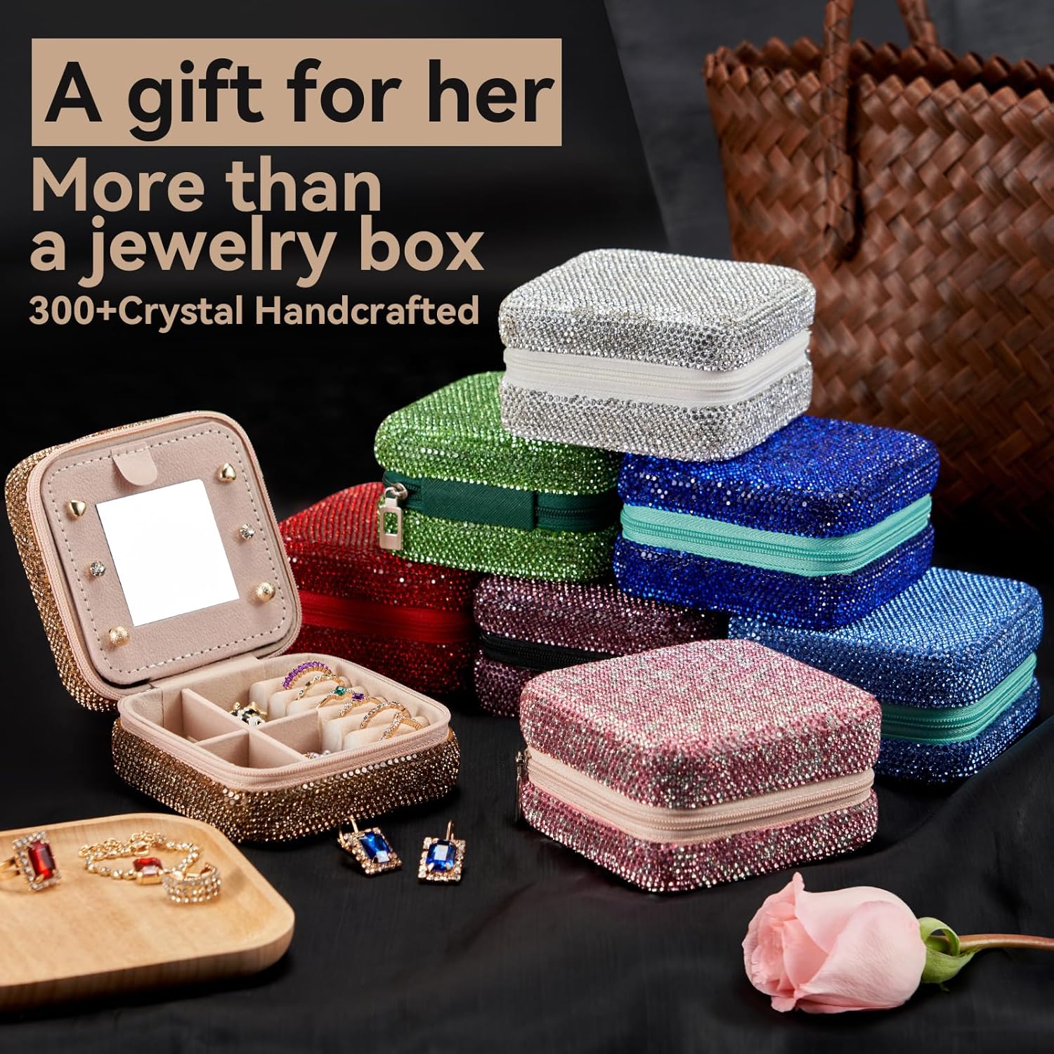 5000+ Crystals Jewelry Box, Luxury Travel Jewelry Organizer with Mirror, 8 Colors Elegant Gift for Women, Bridesmaid, Wife, Mom - Perfect for Wedding, Birthday, Anniversary(Red)