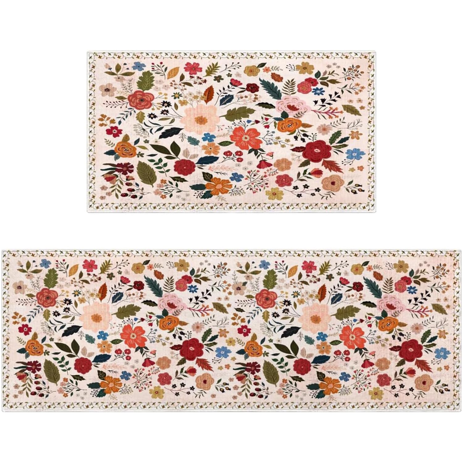 pahhjsa Boho Floral Kitchen Rug Sets of 2 Non Slip Washable Spring Kitchen Mats for Floor 2 Piece Colorful Flower Farmhouse Kitchen Rugs Home Decor
