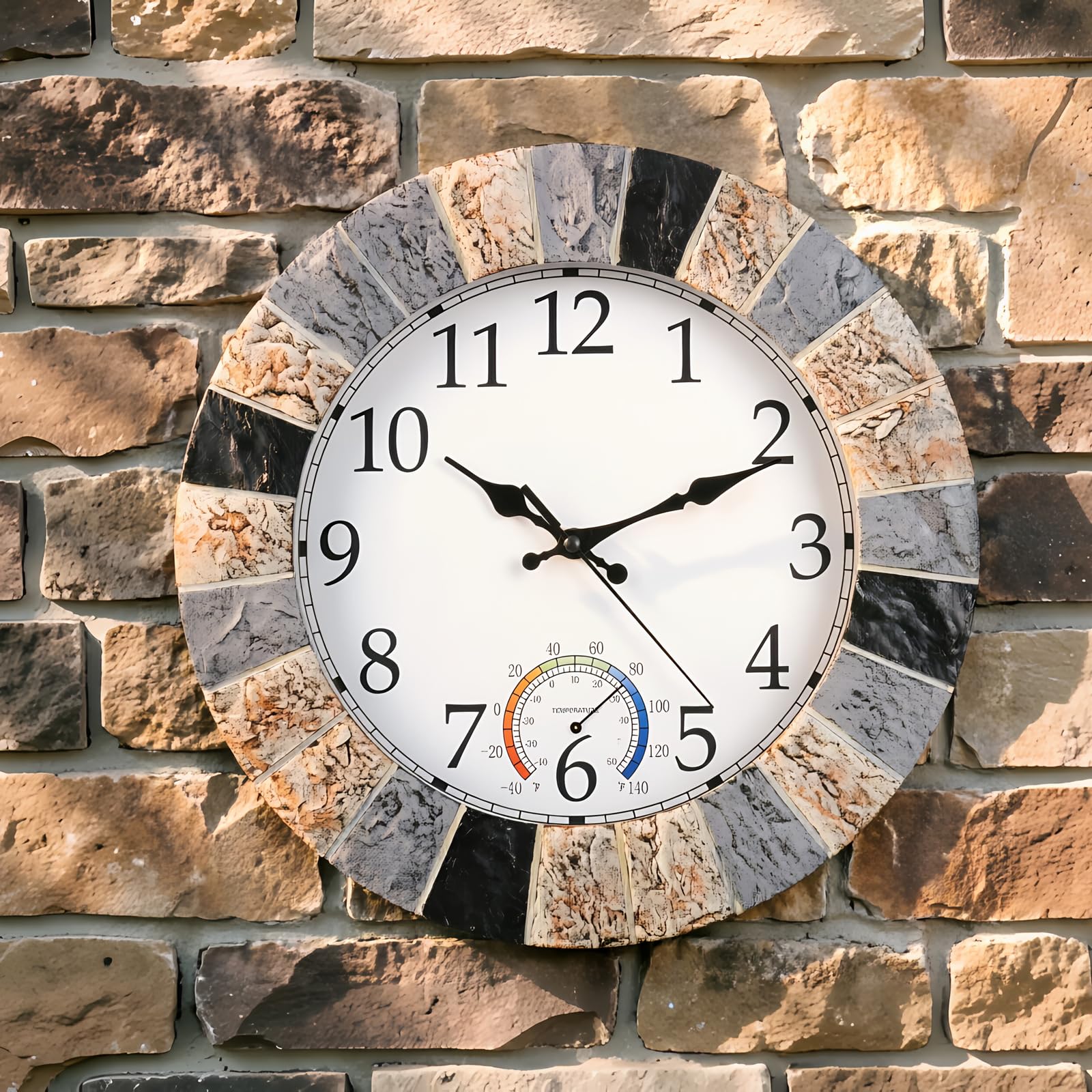 Horloge murale d'extérieur étanche avec thermomètre - 33 cm - Silencieuse et rustique - En résine résistante aux intempéries - Pour terrasse, piscine, jardin, porche, fausse pierre marron