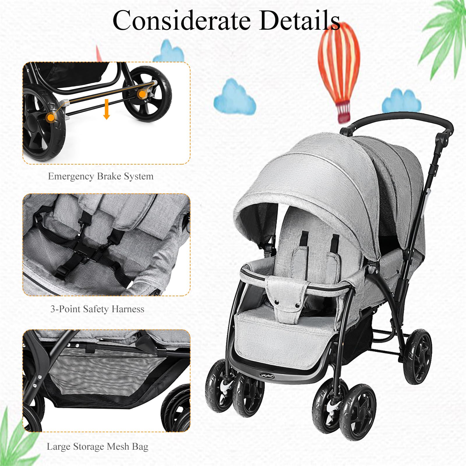LIFEZEAL Faltbarer Doppelkinderwagen für Zwillinge 2-Sitzer mit verstellbarer Rückenlehne, Bremsen, Belastung 15+15 kg Grau