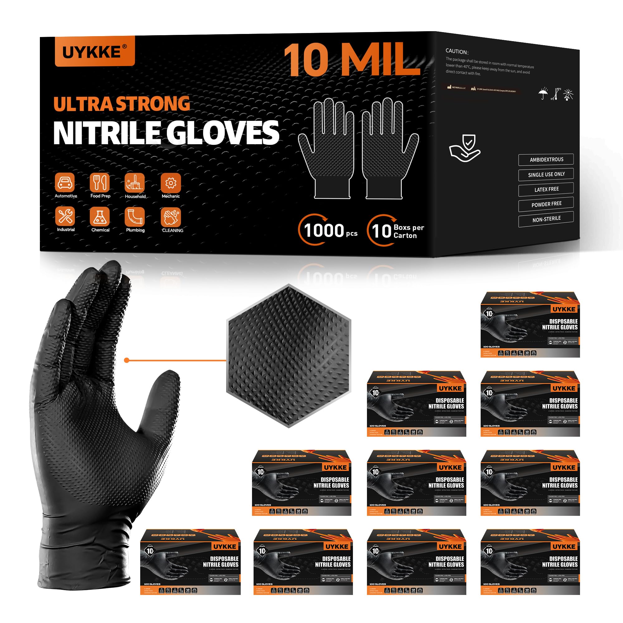 UYKKE 10mil Nitrile Gloves Thick,Industrial Disposable Gloves with Diamond Textured,Heavy Duty Mechanic Glove,Latex Free