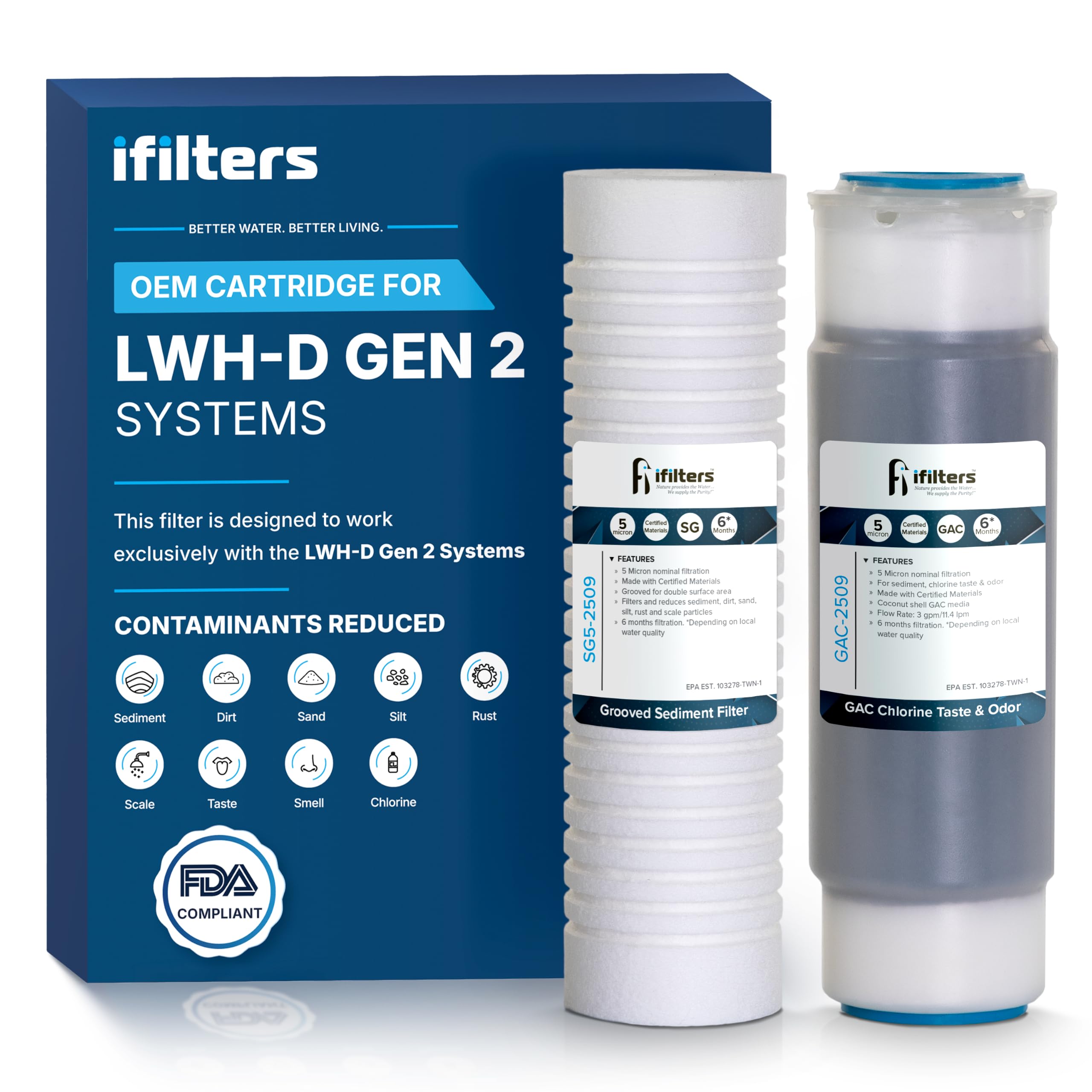 iFilters LWH-D Gen2/Version 2 - Juego de filtros de repuesto originales para sedimentos, óxido y filtros CTO de 2 etapas