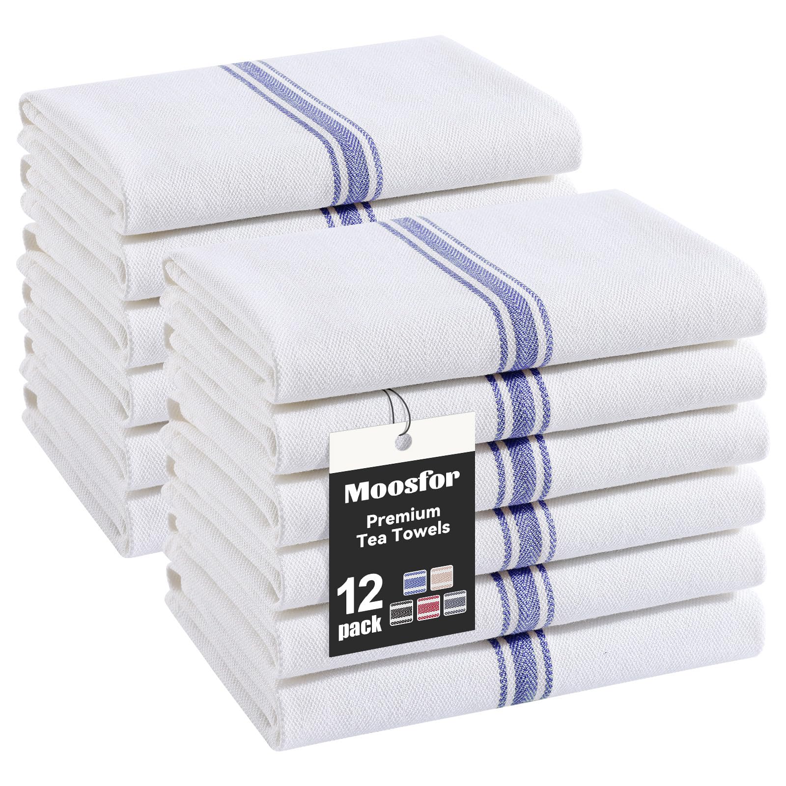 Moosfor 100% Organic Cotton Tea Towels Extra Large, Highly Absorbent Soft Dish Cloths, Lint Free Quick Drying kitchen Towel, Premium Dish Towels for Kitchen, Pack of 12, 38 x 64 cm, Navy Blue