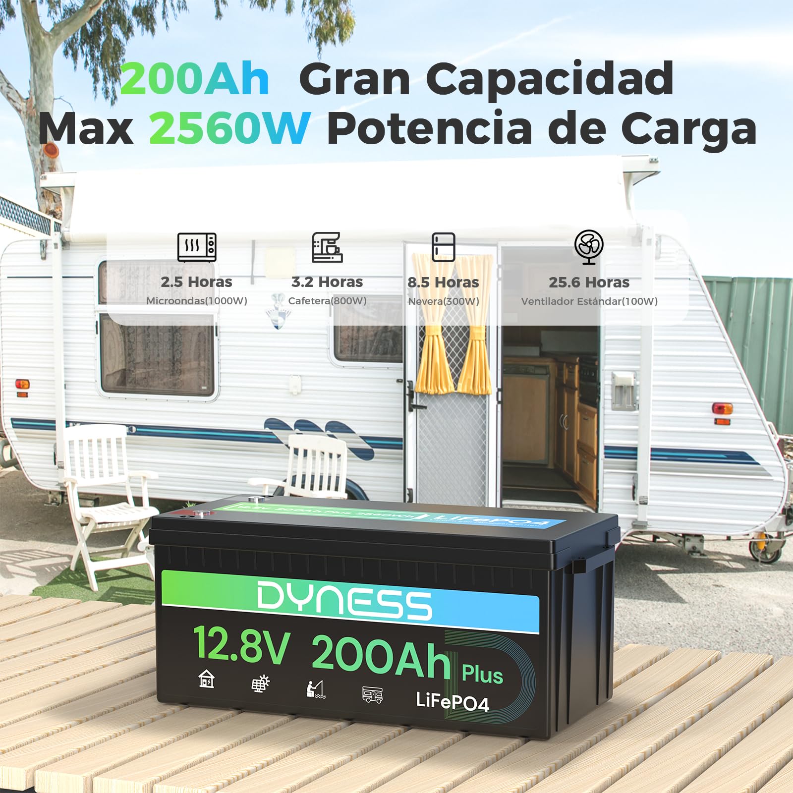 Dyness LiFePO4 Batería de Litio 12V 200Ah 2560Wh BMS 200A Ciclo Profundo Marina RV Solar
