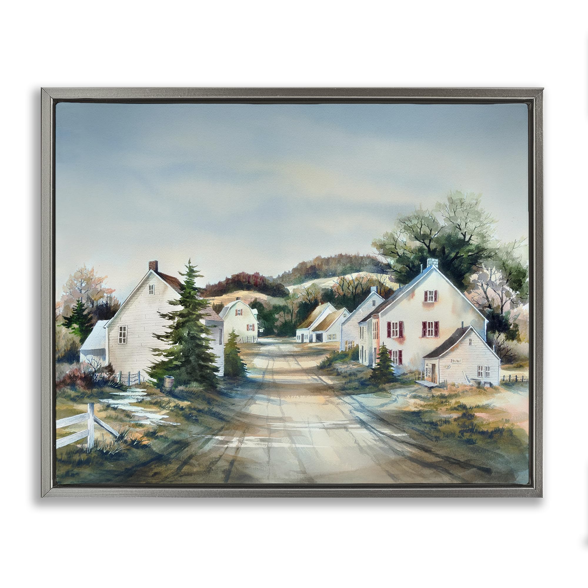 'Tranquil Village Road & Houses'| Floating Frame Canvas Art