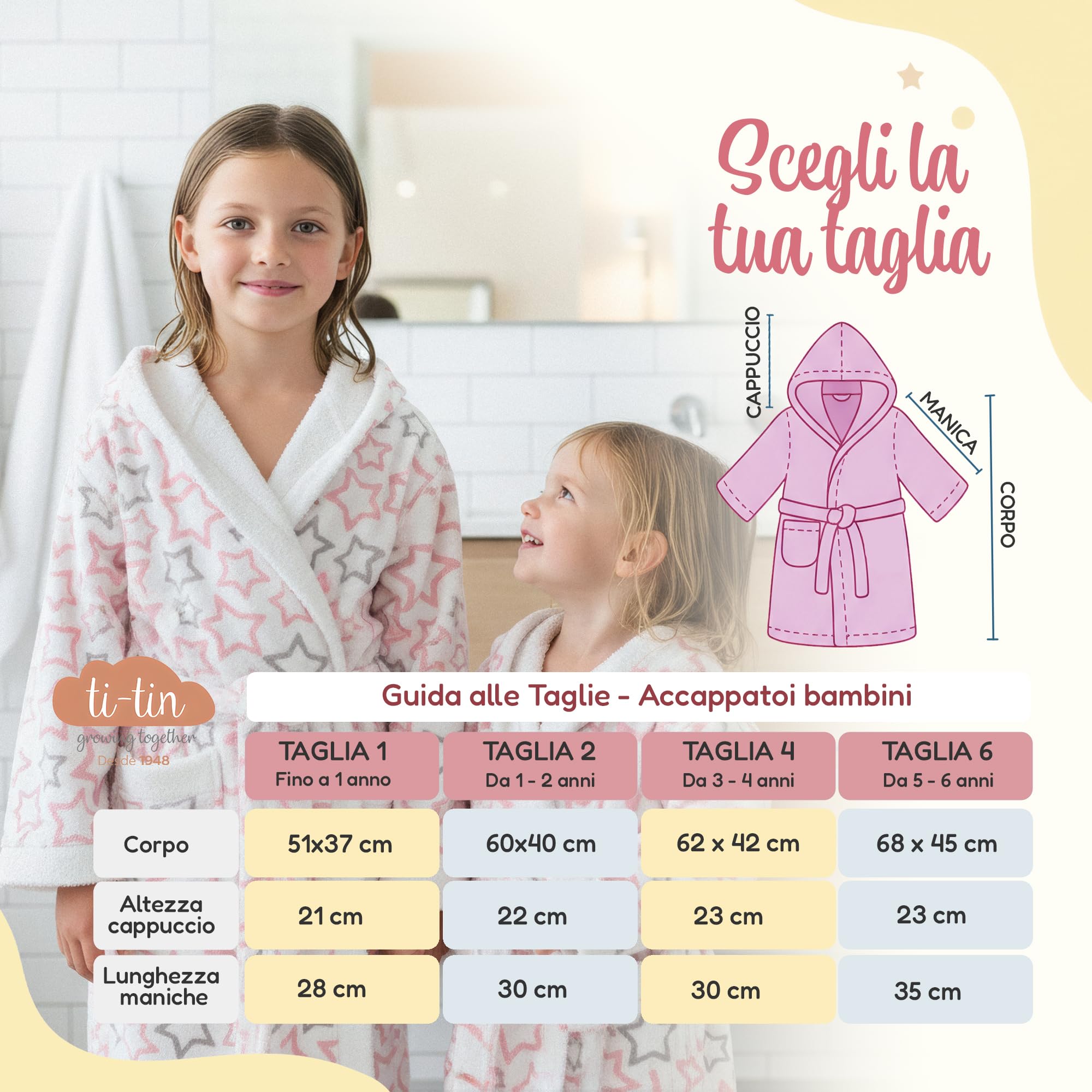 Ti TIN Accappatoio Bambino Bambina in Spugna di Cotone Assorbente e Morbido con Cappuccio Cintura e Tasca